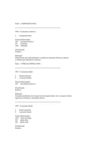 Fonte: LADEFOGED (1982).
--------------------------------------------------------------------------------
1930 $ consoante constritiva
I constricted sound
Termos Relacionados:
320 consoante fricativa
231 constrição
1293 obstrução
Classificação:
Fonética
Definição:
Classificação que tradicionalmente se atribui às consoantes fricativas, laterais
e vibrantes por oposição às oclusivas.
Fonte: CUNHA & CINTRA (1984).
--------------------------------------------------------------------------------
1053 $ consoante dental
I dental consonant
F consonne dentale
Termos Relacionados:
270 articuladores passivos
Classificação:
Fonética
Definição:
Consoante produzida com um ponto de articulação dental, isto é, em que os dentes
superiores constituem o articulador passivo.
--------------------------------------------------------------------------------
1052 $ consoante dorsal
I dorsal consonant
F consonne dorsale
Termos Relacionados:
1034 dorso da língua
363 palato duro
304 palato mole
Classificação:
Fonética
 