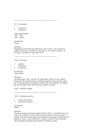 --------------------------------------------------------------------------------
3571 $ construção
I construction
F construction
Termos Relacionados:
1459 frase
1460 oração
Classificação:
Sintaxe
Definição:
Organização estrutural de uma sequência de itens lexicais e dos respectivos
morfemas flexionais, resultante da aplicação de um conjunto de regras e de
princípios. É, geralmente, equivalente a frase.
--------------------------------------------------------------------------------
3386 $ construção
I construct
construction
F construction
Classificação:
Termos Gerais
Definição:
No sentido geral, todo o processo de organização interna de uma unidade
gramatical. Mais especificamente, o resultado sintagmático desse processo, sendo
que um tipo particular de construção é definido como uma sequência de unidades
que tem uma identificação funcional com a gramática da língua.
Fonte: CRYSTAL (1980a).
--------------------------------------------------------------------------------
3698 $ construção causativa
I causative construction
F construction causative
Classificação:
Sintaxe
Definição:
Tipo de construção em que uma sequência de dois verbos é reanalizada como um
verbo. Por exemplo, na frase "o João mandou comprar este livro aos alunos" o
segundo verbo da construção apresenta o argumento externo agente numa posição de
argumento interno, como resultado da reanálise verificada. É uma construção
típica das línguas românicas não existindo, por exemplo, no inglês.
 