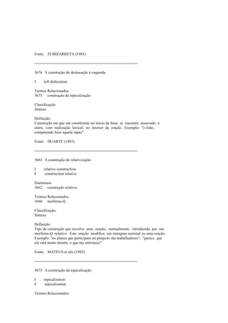 Fonte: ZUBIZARRETA (1985).
--------------------------------------------------------------------------------
3676 $ construção de deslocação à esquerda
I left dislocation
Termos Relacionados:
3675 construção de topicalização
Classificação:
Sintaxe
Definição:
Construção em que um constituinte no início da frase se encontra associado a
outro, com realização lexical, no interior da oração. Exemplo: "o João,
compreendo bem aquele rapaz".
Fonte: DUARTE (1987).
--------------------------------------------------------------------------------
3663 $ construção de relativização
I relative construction
F construction relative
Sinónimos:
3662 construção relativa
Termos Relacionados:
3660 morfema-Q
Classificação:
Sintaxe
Definição:
Tipo de construção que envolve uma oração, normalmente, introduzida por um
morfema-Q relativo. Esta oração modifica um sintagma nominal ou uma oração.
Exemplo: "os alunos que participam no projecto são trabalhadores"; "parece que
ele está muito doente, o que me entristece".
Fonte: MATEUS et alii (1983).
--------------------------------------------------------------------------------
3675 $ construção de topicalização
I topicalization
F topicalization
Termos Relacionados:
 