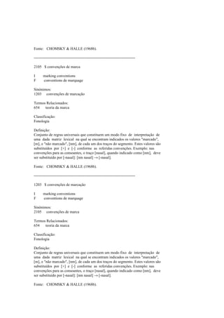 Fonte: CHOMSKY & HALLE (1968b).
--------------------------------------------------------------------------------
2105 $ convenções de marca
I marking conventions
F conventions de marquage
Sinónimos:
1203 convenções de marcação
Termos Relacionados:
654 teoria da marca
Classificação:
Fonologia
Definição:
Conjunto de regras universais que constituem um modo fixo de interpretação de
uma dada matriz lexical na qual se encontram indicados os valores "marcado",
[m], e "não marcado", [nm], de cada um dos traços do segmento. Estes valores são
substituídos por [+] e [-] conforme as referidas convenções. Exemplo: nas
convenções para as consoantes, o traço [nasal], quando indicado como [nm], deve
ser substituído por [-nasal]: [nm nasal] → [-nasal].
Fonte: CHOMSKY & HALLE (1968b).
--------------------------------------------------------------------------------
1203 $ convenções de marcação
I marking conventions
F conventions de marquage
Sinónimos:
2105 convenções de marca
Termos Relacionados:
654 teoria da marca
Classificação:
Fonologia
Definição:
Conjunto de regras universais que constituem um modo fixo de interpretação de
uma dada matriz lexical na qual se encontram indicados os valores "marcado",
[m], e "não marcado", [nm], de cada um dos traços do segmento. Estes valores são
substituídos por [+] e [-] conforme as referidas convenções. Exemplo: nas
convenções para as consoantes, o traço [nasal], quando indicado como [nm], deve
ser substituído por [-nasal]: [nm nasal] → [-nasal].
Fonte: CHOMSKY & HALLE (1968b).
 