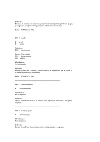 Definição:
Processo de formação de um crioulo por expansão e complexificação de um pidgin,
e que passa a ser a primeira língua de uma determinada comunidade.
Fonte: ROMAINE (1988).
--------------------------------------------------------------------------------
391 $ crioulo
I creole
F créole
Sinónimos:
2038 língua crioula
Termos Relacionados:
1961 língua materna
414 pidgin
Classificação:
Sociolinguística
Definição:
Língua formada pela expansão e complexificação de um pidgin e que se torna a
primeira língua de uma comunidade.
Fonte: ROMAINE (1988).
--------------------------------------------------------------------------------
643 $ crioulo endógeno
F créole endogène
Classificação:
Sociolinguística
Definição:
Crioulo formado em situação de contacto entre populações autóctones e um grupo
imigrado.
--------------------------------------------------------------------------------
644 $ crioulo exógeno
F créole exogène
Classificação:
Sociolinguística
Definição:
Crioulo formado em situações de contacto entre populações emigradas.
 