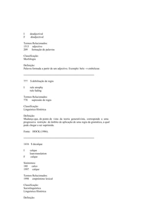 I deadjectival
F déadjectival
Termos Relacionados:
1513 adjectivo
209 formação de palavras
Classificação:
Morfologia
Definição:
Palavra formada a partir de um adjectivo. Exemplo: belo → embelezar.
--------------------------------------------------------------------------------
777 $ debilitação de regra
I rule atrophy
rule fading
Termos Relacionados:
778 supressão de regra
Classificação:
Linguística Histórica
Definição:
Mudança que, do ponto de vista da teoria generativista, corresponde a uma
progressiva restrição do âmbito de aplicação de uma regra da gramática, a qual
pode chegar a ser suprimida.
Fonte: HOCK (1986).
--------------------------------------------------------------------------------
1416 $ decalque
I calque
loan-translation
F calque
Sinónimos:
180 calco
1997 calque
Termos Relacionados:
1998 empréstimo lexical
Classificação:
Sociolinguística
Linguística Histórica
Definição:
 
