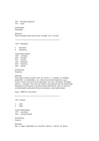 209 formação de palavras
1675 nome
Classificação:
Morfologia
Definição:
Palavra formada a partir de um nome. Exemplo: livro → livraria
--------------------------------------------------------------------------------
1384 $ denotação
I denotation
F dénotation
Termos Relacionados:
1383 conotação
2705 extensão
2751 intensão
1385 polissemia
3014 referência
2442 sentido
Classificação:
Semântica
Definição:
Nome dado à relação existente entre um lexema e a entidade ou entidades,
propriedade ou propriedades, etc., exteriores ao sistema linguístico, a que o
lexema se refere como parte do seu significado. Em certas concepções denotação
opõe-se a conotação. Em teoria dos modelos, uma expressão tem uma determinada
denotação só relativamente a uma determinada atribuição de valores a variáveis e
um determinado mundo possível (mais exactamente, o par mundo-tempo).
Fonte: DOWTY et alii (1981).
--------------------------------------------------------------------------------
1935 $ dentes
I teeth
F dents
Termos Relacionados:
1977 articulador
1053 consoante dental
Classificação:
Fonética
Definição:
São os orgãos implantados nos maxilares superior e inferior. Os dentes
 