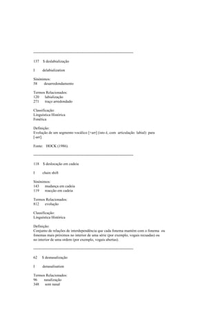 --------------------------------------------------------------------------------
137 $ deslabialização
I delabialization
Sinónimos:
58 desarredondamento
Termos Relacionados:
120 labialização
271 traço arredondado
Classificação:
Linguística Histórica
Fonética
Definição:
Evolução de um segmento vocálico [+arr] (isto é, com articulação labial) para
[-arr].
Fonte: HOCK (1986).
--------------------------------------------------------------------------------
118 $ deslocação em cadeia
I chain shift
Sinónimos:
143 mudança em cadeia
119 reacção em cadeia
Termos Relacionados:
812 evolução
Classificação:
Linguística Histórica
Definição:
Conjunto de relações de interdependência que cada fonema mantém com o fonema ou
fonemas mais próximos no interior de uma série (por exemplo, vogais recuadas) ou
no interior de uma ordem (por exemplo, vogais abertas).
--------------------------------------------------------------------------------
62 $ desnasalização
I denasalisation
Termos Relacionados:
96 nasalização
348 som nasal
 