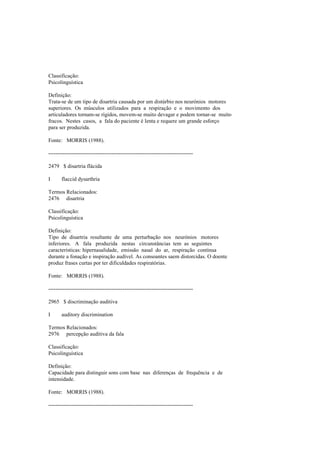 Classificação:
Psicolinguística
Definição:
Trata-se de um tipo de disartria causada por um distúrbio nos neurónios motores
superiores. Os músculos utilizados para a respiração e o movimento dos
articuladores tornam-se rígidos, movem-se muito devagar e podem tornar-se muito
fracos. Nestes casos, a fala do paciente é lenta e requere um grande esforço
para ser produzida.
Fonte: MORRIS (1988).
--------------------------------------------------------------------------------
2479 $ disartria flácida
I flaccid dysarthria
Termos Relacionados:
2476 disartria
Classificação:
Psicolinguística
Definição:
Tipo de disartria resultante de uma perturbação nos neurónios motores
inferiores. A fala produzida nestas circunstâncias tem as seguintes
características: hipernasalidade, emissão nasal do ar, respiração contínua
durante a fonação e inspiração audível. As consoantes saem distorcidas. O doente
produz frases curtas por ter dificuldades respiratórias.
Fonte: MORRIS (1988).
--------------------------------------------------------------------------------
2965 $ discriminação auditiva
I auditory discrimination
Termos Relacionados:
2976 percepção auditiva da fala
Classificação:
Psicolinguística
Definição:
Capacidade para distinguir sons com base nas diferenças de frequência e de
intensidade.
Fonte: MORRIS (1988).
--------------------------------------------------------------------------------
 