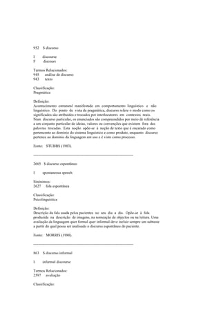 952 $ discurso
I discourse
F discours
Termos Relacionados:
945 análise de discurso
943 texto
Classificação:
Pragmática
Definição:
Acontecimento estrutural manifestado em comportamento linguístico e não
linguístico. Do ponto de vista da pragmática, discurso refere o modo como os
significados são atribuídos e trocados por interlocutores em contextos reais.
Num discurso particular, os enunciados são compreendidos por meio de referência
a um conjunto particular de ideias, valores ou convenções que existem fora das
palavras trocadas. Esta noção opõe-se à noção de texto que é encarado como
pertencente ao domínio do sistema linguístico e como produto, enquanto discurso
pertence ao domínio da linguagem em uso e é visto como processo.
Fonte: STUBBS (1983).
--------------------------------------------------------------------------------
2665 $ discurso espontâneo
I spontaneous speech
Sinónimos:
2627 fala espontânea
Classificação:
Psicolinguística
Definição:
Descrição da fala usada pelos pacientes no seu dia a dia. Opõe-se à fala
produzida na descrição de imagens, na nomeação de objectos ou na leitura. Uma
avaliação da linguagem quer formal quer informal deve incluir sempre um subteste
a partir do qual possa ser analisado o discurso espontâneo do paciente.
Fonte: MORRIS (1988).
--------------------------------------------------------------------------------
863 $ discurso informal
I informal discourse
Termos Relacionados:
2597 avaliação
Classificação:
 