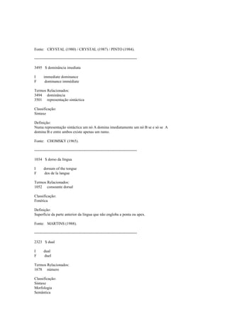 Fonte: CRYSTAL (1980) / CRYSTAL (1987) / PINTO (1984).
--------------------------------------------------------------------------------
3495 $ dominância imediata
I immediate dominance
F dominance immédiate
Termos Relacionados:
3494 dominância
3501 representação sintáctica
Classificação:
Sintaxe
Definição:
Numa representação sintáctica um nó A domina imediatamente um nó B se e só se A
domina B e entre ambos existe apenas um ramo.
Fonte: CHOMSKY (1965).
--------------------------------------------------------------------------------
1034 $ dorso da língua
I dorsum of the tongue
F dos de la langue
Termos Relacionados:
1052 consoante dorsal
Classificação:
Fonética
Definição:
Superfície da parte anterior da língua que não engloba a ponta ou apex.
Fonte: MARTINS (1988).
--------------------------------------------------------------------------------
2323 $ dual
I dual
F duel
Termos Relacionados:
1678 número
Classificação:
Sintaxe
Morfologia
Semântica
 