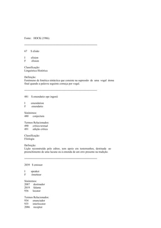 Fonte: HOCK (1986).
--------------------------------------------------------------------------------
67 $ elisão
I elision
F élision
Classificação:
Linguística Histórica
Definição:
Fenómeno de fonética sintáctica que consiste na supressão de uma vogal átona
final quando a palavra seguinte começa por vogal.
--------------------------------------------------------------------------------
481 $ emendatio ope ingenii
I emendation
F emendatio
Sinónimos:
480 conjectura
Termos Relacionados:
490 crítica textual
491 edição crítica
Classificação:
Filologia
Definição:
Lição reconstruída pelo editor, sem apoio em testemunhos, destinada ao
preenchimento de uma lacuna ou à emenda de um erro presente na tradição.
--------------------------------------------------------------------------------
2039 $ emissor
I speaker
F émetteur
Sinónimos:
2087 destinador
2019 falante
936 locutor
Termos Relacionados:
934 enunciador
935 interlocutor
2086 receptor
 