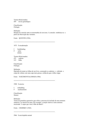 Termos Relacionados:
459 árvore genealógica
Classificação:
Filologia
Definição:
Relação de conexão entre os testemunhos de um texto. A conexão estabelece-se a
partir da observação das variantes.
Fonte: QUENTIN (1926).
--------------------------------------------------------------------------------
1875 $ encadernação
I bookbinding
F relier
reliure
Termos Relacionados:
472 caderno
515 folha
Classificação:
Filologia
Definição:
Operação de juntar as folhas de um livro, costurando os cadernos e cobrindo o
corpo do volume com uma capa mais grossa e sólida do que a folha vulgar.
Fonte: NASCIMENTO & DIOGO (1984).
--------------------------------------------------------------------------------
3580 $ encaixe
I embedding
F enchassement
Classificação:
Sintaxe
Definição:
Termo da gramática generativa que refere o processo de inclusão de uma estrutura
sintáctica no interior de outra. Por exemplo, a oração relativa é uma estrutura
encaixada: "o rapaz que viste é filho da Maria".
Fonte: CHOMSKY (1965).
--------------------------------------------------------------------------------
2966 $ enciclopédia mental
 