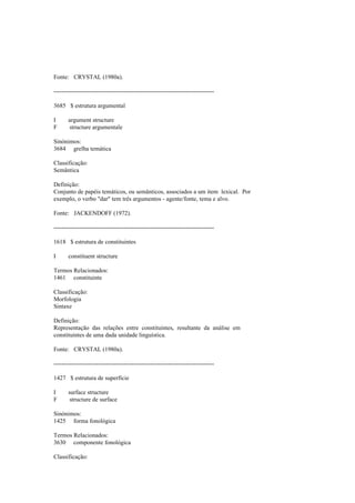 Fonte: CRYSTAL (1980a).
--------------------------------------------------------------------------------
3685 $ estrutura argumental
I argument structure
F structure argumentale
Sinónimos:
3684 grelha temática
Classificação:
Semântica
Definição:
Conjunto de papéis temáticos, ou semânticos, associados a um item lexical. Por
exemplo, o verbo "dar" tem três argumentos - agente/fonte, tema e alvo.
Fonte: JACKENDOFF (1972).
--------------------------------------------------------------------------------
1618 $ estrutura de constituintes
I constituent structure
Termos Relacionados:
1461 constituinte
Classificação:
Morfologia
Sintaxe
Definição:
Representação das relações entre constituintes, resultante da análise em
constituintes de uma dada unidade linguística.
Fonte: CRYSTAL (1980a).
--------------------------------------------------------------------------------
1427 $ estrutura de superfície
I surface structure
F structure de surface
Sinónimos:
1425 forma fonológica
Termos Relacionados:
3630 componente fonológica
Classificação:
 