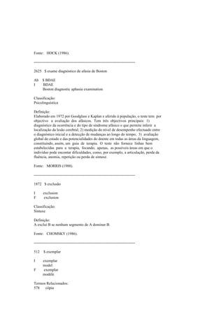 Fonte: HOCK (1986).
--------------------------------------------------------------------------------
2625 $ exame diagnóstico de afasia de Boston
Ab $ BDAE
I BDAE
Boston diagnostic aphasia examination
Classificação:
Psicolinguística
Definição:
Elaborado em 1972 por Goodglass e Kaplan e aferido à população, o teste tem por
objectivo a avaliação dos afásicos. Tem três objectivos principais: 1)
diagnóstico da ocorrência e do tipo de síndrome afásico o que permite inferir a
localização da lesão cerebral; 2) medição do nível de desempenho efectuado entre
o diagnóstico inicial e a detecção de mudanças ao longo do tempo; 3) avaliação
global do estado e das potencialidades do doente em todas as áreas da linguagem,
constituindo, assim, um guia de terapia. O teste não fornece linhas bem
estabelecidas para a terapia, focando, apenas, as possíveis áreas em que o
indivíduo pode encontar dificuldades, como, por exemplo, a articulação, perda da
fluência, anomia, repetição ou perda de sintaxe.
Fonte: MORRIS (1988).
--------------------------------------------------------------------------------
1872 $ exclusão
I exclusion
F exclusion
Classificação:
Sintaxe
Definição:
A exclui B se nenhum segmento de A dominar B.
Fonte: CHOMSKY (1986).
--------------------------------------------------------------------------------
512 $ exemplar
I exemplar
model
F exemplar
modèle
Termos Relacionados:
578 cópia
 