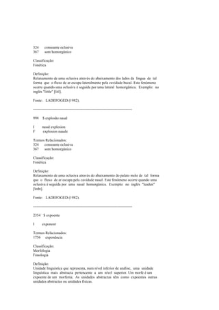 324 consoante oclusiva
367 som homorgânico
Classificação:
Fonética
Definição:
Relaxamento de uma oclusiva através do abaixamento dos lados da língua de tal
forma que o fluxo de ar escapa lateralmente pela cavidade bucal. Este fenómeno
ocorre quando uma oclusiva é seguida por uma lateral homorgânica. Exemplo: no
inglês "little" [litl].
Fonte: LADEFOGED (1982).
--------------------------------------------------------------------------------
998 $ explosão nasal
I nasal explosion
F explosion nasale
Termos Relacionados:
324 consoante oclusiva
367 som homorgânico
Classificação:
Fonética
Definição:
Relaxamento de uma oclusiva através do abaixamento do palato mole de tal forma
que o fluxo de ar escapa pela cavidade nasal. Este fenómeno ocorre quando uma
oclusiva é seguida por uma nasal homorgânica. Exemplo: no inglês "leaden"
[ledn].
Fonte: LADEFOGED (1982).
--------------------------------------------------------------------------------
2354 $ expoente
I exponent
Termos Relacionados:
1756 exponência
Classificação:
Morfologia
Fonologia
Definição:
Unidade linguística que representa, num nível inferior de análise, uma unidade
linguística mais abstracta pertencente a um nível superior. Um morfe é um
expoente de um morfema. As unidades abstractas têm como expoentes outras
unidades abstractas ou unidades físicas.
 