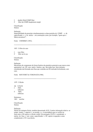 I doubly filled COMP filter
F filtre du COMP douplement rempli
Classificação:
Sintaxe
Definição:
Impossibilidade de preencher simultaneamente as duas posições de COMP - a de
especificador e a de núcleo - em construções como, por exemplo, "quem que a
Maria encontrou?".
Fonte: CHOMSKY (1981).
--------------------------------------------------------------------------------
1853 $ filtro do caso
I case filtre
F filtre sur le cas
Classificação:
Sintaxe
Definição:
Mecanismo da componente da forma fonética da gramática generativa que marca como
agramatical um SN com matriz fonética que não tenha caso. Será, portanto,
considerada mal-formada uma frase que contenha um SN realizado lexicalmente, sem
caso.
Fonte: ROUVERET & VERGNAUD (1980).
--------------------------------------------------------------------------------
1479 $ flexão
Ab $ FLEX
I INFL
inflexion
F INFL
infléxion
Sinónimos:
1481 auxiliar
Classificação:
Sintaxe
Definição:
Núcleo do sintagma flexão, também denominado AUX. Contém informação relativa ao
tempo (modo e aspecto) e ao acordo, i.e., à concordância que se verifica na
frase entre o SN sujeito e a flexão verbal. Em português, FLEX é considerado o
núcleo da frase e tem como especificador o SN sujeito à esquerda e como
complemento o SV à sua direita.
 
