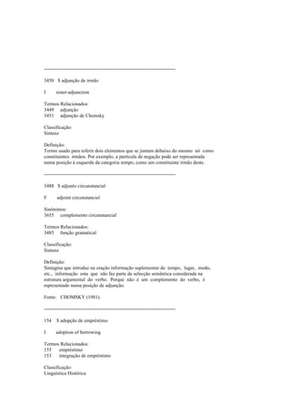 --------------------------------------------------------------------------------
3450 $ adjunção de irmão
I sister-adjunction
Termos Relacionados:
3449 adjunção
3451 adjunção de Chomsky
Classificação:
Sintaxe
Definição:
Termo usado para referir dois elementos que se juntam debaixo do mesmo nó como
constituintes irmãos. Por exemplo, a partícula de negação pode ser representada
numa posição à esquerda da categoria tempo, como um constituinte irmão deste.
--------------------------------------------------------------------------------
3488 $ adjunto circunstancial
F adjoint circonstanciel
Sinónimos:
3655 complemento circunstancial
Termos Relacionados:
3485 função gramatical
Classificação:
Sintaxe
Definição:
Sintagma que introduz na oração informação suplementar de tempo, lugar, modo,
etc., informação esta que não faz parte da selecção semântica considerada na
estrutura argumental do verbo. Porque não é um complemento do verbo, é
representado numa posição de adjunção.
Fonte: CHOMSKY (1981).
--------------------------------------------------------------------------------
154 $ adopção de empréstimo
I adoption of borrowing
Termos Relacionados:
155 empréstimo
153 integração de empréstimo
Classificação:
Linguística Histórica
 