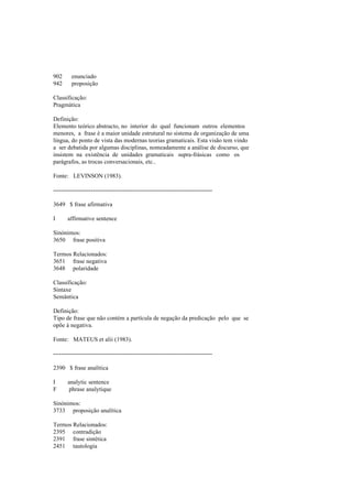 902 enunciado
942 proposição
Classificação:
Pragmática
Definição:
Elemento teórico abstracto, no interior do qual funcionam outros elementos
menores, a frase é a maior unidade estrutural no sistema de organização de uma
língua, do ponto de vista das modernas teorias gramaticais. Esta visão tem vindo
a ser debatida por algumas disciplinas, nomeadamente a análise de discurso, que
insistem na existência de unidades gramaticais supra-frásicas como os
parágrafos, as trocas conversacionais, etc..
Fonte: LEVINSON (1983).
--------------------------------------------------------------------------------
3649 $ frase afirmativa
I affirmative sentence
Sinónimos:
3650 frase positiva
Termos Relacionados:
3651 frase negativa
3648 polaridade
Classificação:
Sintaxe
Semântica
Definição:
Tipo de frase que não contém a partícula de negação da predicação pelo que se
opõe à negativa.
Fonte: MATEUS et alii (1983).
--------------------------------------------------------------------------------
2390 $ frase analítica
I analytic sentence
F phrase analytique
Sinónimos:
3733 proposição analítica
Termos Relacionados:
2395 contradição
2391 frase sintética
2451 tautologia
 