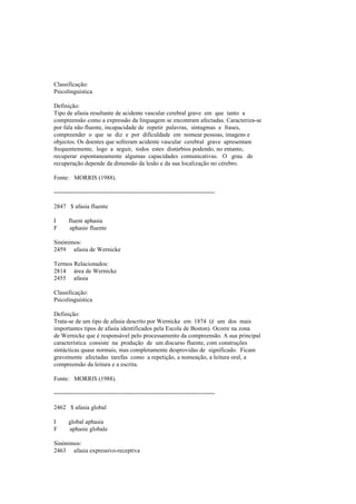 Classificação:
Psicolinguística
Definição:
Tipo de afasia resultante de acidente vascular cerebral grave em que tanto a
compreensão como a expressão da linguagem se encontram afectadas. Caracteriza-se
por fala não fluente, incapacidade de repetir palavras, sintagmas e frases,
compreender o que se diz e por dificuldade em nomear pessoas, imagens e
objectos. Os doentes que sofreram acidente vascular cerebral grave apresentam
frequentemente, logo a seguir, todos estes distúrbios podendo, no entanto,
recuperar espontaneamente algumas capacidades comunicativas. O grau de
recuperação depende da dimensão da lesão e da sua localização no cérebro.
Fonte: MORRIS (1988).
--------------------------------------------------------------------------------
2847 $ afasia fluente
I fluent aphasia
F aphasie fluente
Sinónimos:
2459 afasia de Wernicke
Termos Relacionados:
2814 área de Wernicke
2455 afasia
Classificação:
Psicolinguística
Definição:
Trata-se de um tipo de afasia descrito por Wernicke em 1874 (é um dos mais
importantes tipos de afasia identificados pela Escola de Boston). Ocorre na zona
de Wernicke que é responsável pelo processamento da compreensão. A sua principal
característica consiste na produção de um discurso fluente, com construções
sintácticas quase normais, mas completamente desprovidas de significado. Ficam
gravemente afectadas tarefas como a repetição, a nomeação, a leitura oral, a
compreensão da leitura e a escrita.
Fonte: MORRIS (1988).
--------------------------------------------------------------------------------
2462 $ afasia global
I global aphasia
F aphasie globale
Sinónimos:
2463 afasia expressivo-receptiva
 