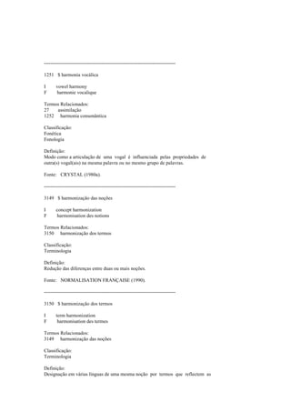 --------------------------------------------------------------------------------
1251 $ harmonia vocálica
I vowel harmony
F harmonie vocalique
Termos Relacionados:
27 assimilação
1252 harmonia consonântica
Classificação:
Fonética
Fonologia
Definição:
Modo como a articulação de uma vogal é influenciada pelas propriedades de
outra(s) vogal(ais) na mesma palavra ou no mesmo grupo de palavras.
Fonte: CRYSTAL (1980a).
--------------------------------------------------------------------------------
3149 $ harmonização das noções
I concept harmonization
F harmonisation des notions
Termos Relacionados:
3150 harmonização dos termos
Classificação:
Terminologia
Definição:
Redução das diferenças entre duas ou mais noções.
Fonte: NORMALISATION FRANÇAISE (1990).
--------------------------------------------------------------------------------
3150 $ harmonização dos termos
I term harmonization
F harmonisation des termes
Termos Relacionados:
3149 harmonização das noções
Classificação:
Terminologia
Definição:
Designação em várias línguas de uma mesma noção por termos que reflectem as
 