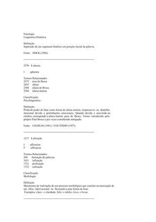 Fonologia
Linguística Histórica
Definição:
Supressão de um segmento fonético em posição inicial de palavra.
Fonte: HOCK (1986).
--------------------------------------------------------------------------------
2570 $ afemia
I aphemia
Termos Relacionados:
2572 área de Broca
2455 afasia
2588 afasia de Broca
2584 afasia motora
Classificação:
Psicolinguística
Definição:
Perda do poder de falar como forma de afasia motora (expressiva) ou distúrbio
funcional devido a perturbações emocionais. Quando devida a uma lesão no
cérebro, corresponde à afasia motora pura de Broca. Termo introduzido pelo
próprio Paul Broca e por vezes considerado antiquado.
Fonte: CHAPLIN (1981) / COUTINHO (1957).
--------------------------------------------------------------------------------
1517 $ afixação
I affixation
F affixation
Termos Relacionados:
209 formação de palavras
1651 infixação
1721 prefixação
1722 sufixação
Classificação:
Morfologia
Definição:
Mecanismo de realização de um processo morfológico que consiste na associação de
um afixo (derivacional ou flexional) a uma forma de base.
Exemplos: claro → claridade, feliz→ infeliz, livro→ livros.
--------------------------------------------------------------------------------
 