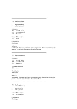 --------------------------------------------------------------------------------
1520 $ afixo flexional
I inflectional affix
F affixe flexionnel
Sinónimos:
1521 afixo de flexão
2122 afixo gramatical
2128 desinência
Termos Relacionados:
1518 afixo
Classificação:
Morfologia
Definição:
Subclasse de afixos que participam apenas em processos flexionais de formação de
palavras. Em português estes afixos são sempre sufixos.
--------------------------------------------------------------------------------
2122 $ afixo gramatical
Sinónimos:
1521 afixo de flexão
1520 afixo flexional
2128 desinência
Termos Relacionados:
1518 afixo
Classificação:
Morfologia
Definição:
Subclasse de afixos que participam apenas em processos flexionais de formação de
palavras. Em português estes afixos são sempre sufixos.
--------------------------------------------------------------------------------
1740 $ afixo pejorativo
I pejorative affix
F affixe péjoratif
Termos Relacionados:
1738 afixo avaliativo
Classificação:
Morfologia
 
