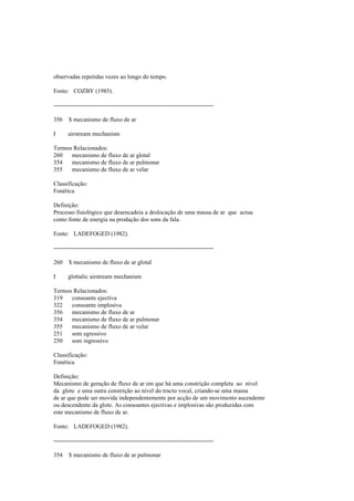 observadas repetidas vezes ao longo do tempo.
Fonte: COZBY (1985).
--------------------------------------------------------------------------------
356 $ mecanismo de fluxo de ar
I airstream mechanism
Termos Relacionados:
260 mecanismo de fluxo de ar glotal
354 mecanismo de fluxo de ar pulmonar
355 mecanismo de fluxo de ar velar
Classificação:
Fonética
Definição:
Processo fisiológico que desencadeia a deslocação de uma massa de ar que actua
como fonte de energia na produção dos sons da fala.
Fonte: LADEFOGED (1982).
--------------------------------------------------------------------------------
260 $ mecanismo de fluxo de ar glotal
I glottalic airstream mechanism
Termos Relacionados:
319 consoante ejectiva
322 consoante implosiva
356 mecanismo de fluxo de ar
354 mecanismo de fluxo de ar pulmonar
355 mecanismo de fluxo de ar velar
251 som egressivo
250 som ingressivo
Classificação:
Fonética
Definição:
Mecanismo de geração de fluxo de ar em que há uma constrição completa ao nível
da glote e uma outra constrição ao nível do tracto vocal, criando-se uma massa
de ar que pode ser movida independentemente por acção de um movimento ascendente
ou descendente da glote. As consoantes ejectivas e implosivas são produzidas com
este mecanismo de fluxo de ar.
Fonte: LADEFOGED (1982).
--------------------------------------------------------------------------------
354 $ mecanismo de fluxo de ar pulmonar
 