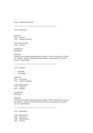 Fonte: LADEFOGED (1982).
--------------------------------------------------------------------------------
2294 $ alomonema
Sinónimos:
1523 alomorfe
1526 variante morfémica
Termos Relacionados:
2288 monema
Classificação:
Morfologia
Definição:
Variante de um morfema determinada pelo contexto. O termo alomonema, utilizado
por Martinet, recobre a distinção entre alomorfemas e alossemantemas. Exemplo:
amá-vel / ama-bil-idade.
--------------------------------------------------------------------------------
1523 $ alomorfe
I allomorph
F allomorphe
Sinónimos:
2294 alomonema
1526 variante morfémica
Termos Relacionados:
1529 alomorfia
1663 morfema
Classificação:
Morfologia
Definição:
Variante de um morfema determinada pelo contexto. O termo alomonema, utilizado
por Martinet, recobre a distinção entre alomorfemas e alossemantemas. Exemplo:
amá-vel / ama-bil-idade.
--------------------------------------------------------------------------------
2295 $ alomorfema
Termos Relacionados:
2294 alomonema
2296 alossemantema
1663 morfema
 