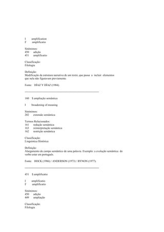 I amplification
F amplificatio
Sinónimos:
450 adição
451 amplificatio
Classificação:
Filologia
Definição:
Modificação da estrutura narrativa de um texto, que passa a incluir elementos
que nela não figuravam previamente.
Fonte: DÍAZ Y DÍAZ (1984).
--------------------------------------------------------------------------------
160 $ ampliação semântica
I broadening of meaning
Sinónimos:
202 extensão semântica
Termos Relacionados:
161 redução semântica
163 reinterpretação semântica
162 restrição semântica
Classificação:
Linguística Histórica
Definição:
Alargamento do campo semântico de uma palavra. Exemplo: a evolução semântica do
verbo estar em português.
Fonte: HOCK (1986) / ANDERSON (1973) / BYNON (1977).
--------------------------------------------------------------------------------
451 $ amplificatio
I amplificatio
F amplificatio
Sinónimos:
450 adição
449 ampliação
Classificação:
Filologia
 