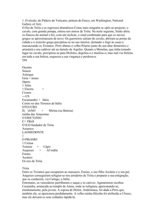 1 .O século, do Palácio do Vaticano; pintura de Greco, em Washington, National 
Gallery of Art). 
O fim de Tróia e os regressos dramáticos Como mais ninguém se opôs ao projecto, o 
cavalo, com grande pompa, entrou nos muros de Tróia. Na noite seguinte, Sinão abriu 
os fiancos do animal e fez, com um archote, o sinal combinado para que os navios 
gregos se aproximassem de novo. Os guerreiros saíram do cavalo, abriram as portas da 
cidade e o exército grego precipitou-se no seu interior, deitando o fogo às casas e 
massacrando os Troianos. Pirro abateu o velho Príamo junto do seu altar doméstico e 
arrastará o seu cadáver até ao túmulo de Aquiles. Quanto a Menelau, que tinha tomado 
lugar no cavalo, precipitou-se para Deifotio, degolou-o e mutilou-o, mas mal viu Helena 
em toda a sua beleza, esqueceu a sua vingança e perdoou-a. 
294 
Oceano 
Simois 
Astíoque 
Geia + úrano 
Jápeto 
1 Atlas 
1 Electra + 
Cronos 
---US 
Escamandro + Ideia 
Corito rei dos Tirrenos de Itália 
OTEUCRO 
D, )ANO + Mirina (ou Batieia) 
rainha das Amazonas 
O ERICTóNIO 
C> TRóS 
O ILO fundador de Tróia 
Assaraco 
LAOMEDONTE 
1 
O PRíAMO 
1 Creúsa 
Temiste + Cápis 
Anquises + Af rodite 
Eneias 
Ascânio 
Os reis de Tróia 
Tróia 
Entre os Troianos que escaparam ao massacre, Eneias, o seu filho Ascânio e o seu pai 
Anquises conseguiram refugiar-se nos arredores de Tróia e preparar a sua emigração, 
que os conduzirá, via Cartago, a Itália. 
Entretanto, os vencedores partilharam o saque e os cativos: Agamémnon recebeu 
Cassandra, arrancada ao templo de Atena, onde se refugiara, apaixonando-se, 
imediatamente, pela jovem. A esposa de Heitor, Andrómaca, foi dada a Pirro que, 
também ele, se apaixonou perdidamente. A velha rainha Hécuba foi atribuída a Ulisses, 
mas ele deixará os seus soldados lapidá-la. 
 