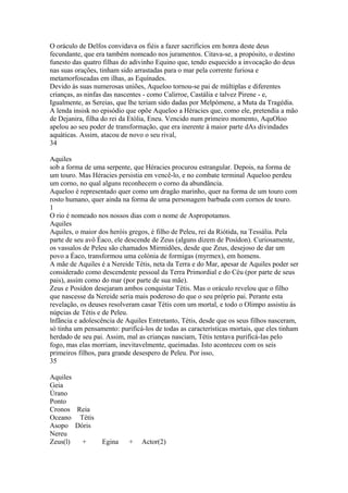 O oráculo de Delfos convidava os fiéis a fazer sacrifícios em honra deste deus 
fecundante, que era também nomeado nos juramentos. Citava-se, a propósito, o destino 
funesto das quatro filhas do adivinho Equino que, tendo esquecido a invocação do deus 
nas suas orações, tinham sido arrastadas para o mar pela corrente furiosa e 
metamorfoseadas em ilhas, as Equínades. 
Devido às suas numerosas uniões, Aqueloo tornou-se pai de múltiplas e diferentes 
crianças, as ninfas das nascentes - como Calirroe, Castália e talvez Pirene - e, 
Igualmente, as Sereias, que lhe teriam sido dadas por Melpómene, a Muta da Tragédia. 
A lenda insisk no episódio que opõe Aqueloo a Héracies que, como ele, pretendia a mão 
de Dejanira, filha do rei da Etólia, Eneu. Vencido num primeiro momento, AquOloo 
apelou ao seu poder de transformação, que era inerente à maior parte dAs divindades 
aquáticas. Assim, atacou de novo o seu rival, 
34 
Aquiles 
sob a forma de uma serpente, que Héracies procurou estrangular. Depois, na forma de 
um touro. Mas Héracies persistia em vencê-lo, e no combate terminal Aqueloo perdeu 
um corno, no qual alguns reconhecem o corno da abundância. 
Aqueloo é representado quer como um dragão marinho, quer na forma de um touro com 
rosto humano, quer ainda na forma de uma personagem barbuda com cornos de touro. 
1 
O rio é nomeado nos nossos dias com o nome de Aspropotamos. 
Aquiles 
Aquiles, o maior dos heróis gregos, é filho de Peleu, rei da Riótida, na Tessália. Pela 
parte de seu avô Éaco, ele descende de Zeus (alguns dizem de Posídon). Curiosamente, 
os vassalos de Peleu são chamados Mirmidões, desde que Zeus, desejoso de dar um 
povo a Éaco, transformou uma colónia de formigas (myrmex), em homens. 
A mãe de Aquiles é a Nereide Tétis, neta da Terra e do Mar, apesar de Aquiles poder ser 
considerado como descendente pessoal da Terra Primordial e do Céu (por parte de seus 
pais), assim como do mar (por parte de sua mãe). 
Zeus e Posídon desejaram ambos conquistar Tétis. Mas o oráculo revelou que o filho 
que nascesse da Nereide seria mais poderoso do que o seu próprio pai. Perante esta 
revelação, os deuses resolveram casar Tétis com um mortal, e todo o Olimpo assistiu às 
núpcias de Tétis e de Peleu. 
lnfãncia e adolescência de Aquiles Entretanto, Tétis, desde que os seus filhos nasceram, 
só tinha um pensamento: purificá-los de todas as características mortais, que eles tinham 
herdado de seu pai. Assim, mal as crianças nasciam, Tétis tentava purificá-Ias pelo 
fogo, mas elas morriam, inevitavelmente, queimadas. Isto aconteceu com os seis 
primeiros filhos, para grande desespero de Peleu. Por isso, 
35 
Aquiles 
Geia 
Úrano 
Ponto 
Cronos Reia 
Oceano Tétis 
Asopo Dóris 
Nereu 
Zeus(l) + Egina + Actor(2) 
 