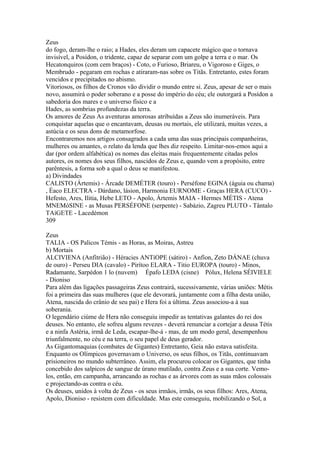 Zeus 
do fogo, deram-lhe o raio; a Hades, eles deram um capacete mágico que o tornava 
invisível, a Posídon, o tridente, capaz de separar com um golpe a terra e o mar. Os 
Hecatonquiros (com cem braços) - Coto, o Furioso, Briareu, o Vigoroso e Giges, o 
Membrudo - pegaram em rochas e atiraram-nas sobre os Titãs. Entretanto, estes foram 
vencidos e precipitados no abismo. 
Vitoriosos, os filhos de Cronos vão dividir o mundo entre si. Zeus, apesar de ser o mais 
novo, assumirá o poder soberano e a posse do império do céu; ele outorgará a Posídon a 
sabedoria dos mares e o universo físico e a 
Hades, as sombrias profundezas da terra. 
Os amores de Zeus As aventuras amorosas atribuídas a Zeus são inumeráveis. Para 
conquistar aquelas que o encantavam, deusas ou mortais, ele utilizará, muitas vezes, a 
astúcia e os seus dons de metamorfose. 
Encontraremos nos artigos consagrados a cada uma das suas principais companheiras, 
mulheres ou amantes, o relato da lenda que lhes diz respeito. Limitar-nos-emos aqui a 
dar (por ordem alfabética) os nomes das eleitas mais frequentemente citadas pelos 
autores, os nomes dos seus filhos, nascidos de Zeus e, quando vem a propósito, entre 
parêntesis, a forma sob a qual o deus se manifestou. 
a) Divindades 
CALISTO (Ártemis) - Árcade DEMÉTER (touro) - Perséfone EGINA (águia ou chama) 
, Éaco ELECTRA - Dárdano, lásion, Harmonia EURNOME - Graças HERA (CUCO) - 
Hefesto, Ares, Ilitia, Hebe LETO - Apolo, Ártemis MAIA - Hermes MÉTIS - Atena 
MNEMóSINE - as Musas PERSÉFONE (serpente) - Sabázio, Zagreu PLUTO - Tântalo 
TAíGETE - Lacedémon 
309 
Zeus 
TALIA - OS Palicos Témis - as Horas, as Moiras, Astreu 
b) Mortais 
ALCIVIENA (Anfitrião) - Héracies ANTíOPE (sátiro) - Anfíon, Zeto DÁNAE (chuva 
de ouro) - Perseu DIA (cavalo) - Pirítoo ELARA - Titio EUROPA (touro) - Minos, 
Radamante, Sarpédon 1 lo (nuvem) Épafo LEDA (cisne) Pólux, Helena SÉIVIELE 
- Dioniso 
Para além das ligações passageiras Zeus contrairá, sucessivamente, várias uniões: Métis 
foi a primeira das suas mulheres (que ele devorará, juntamente com a filha desta união, 
Atena, nascida do crânio de seu pai) e Hera foi a última. Zeus associou-a à sua 
soberania. 
O legendário ciúme de Hera não conseguiu impedir as tentativas galantes do rei dos 
deuses. No entanto, ele sofreu alguns revezes - deverá renunciar a cortejar a deusa Tétis 
e a ninfa Astéria, irmã de Leda, escapar-lhe-á - mas, de um modo geral, desempenhou 
triunfalmente, no céu e na terra, o seu papel de deus gerador. 
As Gigantomaquias (combates de Gigantes) Entretanto, Geia não estava satisfeita. 
Enquanto os Olímpicos governavam o Universo, os seus filhos, os Titãs, continuavam 
prisioneiros no mundo subterrâneo. Assim, ela procurou colocar os Gigantes, que tinha 
concebido dos salpicos de sangue de úrano mutilado, contra Zeus e a sua corte. Vemo-los, 
então, em campanha, arrancando as rochas e as árvores com as suas mãos colossais 
e projectando-as contra o céu. 
Os deuses, unidos à volta de Zeus - os seus irmãos, irmãs, os seus filhos: Ares, Atena, 
Apolo, Dioniso - resistem com dificuldade. Mas este conseguiu, mobilizando o Sol, a 
 