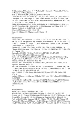 7, 130 Asclépio, 48-9 Astros, 49-50 Atalanta, 50-1 Atena, 51-5 Atenas, 55, 57-9 Átis, 
59 Atlântida, 60 Atlas, 61 Atreu, 61-3 
Baal, 65 Belerofonte, 65-7, 97 Beoto, 67-8 Boa Deusa, 68 
Cadmo, 69-70 Calcas, 70 Calisto, 70-1 Caos, 71-2, 226 Caríbdis, 72-3, 154 Cárites, 73 
Cassiopeia, 73-4, 240 Cécrops, 74 Céfalo, 74-6 Centauros, 76-7 Céu, 77 Cíbele, 77-9, 
254, 274, 277 Ciciopes, 79 Circe, 79-80 Corno da Abundância, 80-1 Cronos, 81-2, 220, 
227, 228, 229, 253, 254 Curetes, 83 
Dáriae, 85-6 Danaides, 87-89 Delfos, 89-91 Delos, 91 -2, 198 Deméter, 45, 92-4, 181, 
264, 277 Demofonte, 94-5 Dilúvio, (O), 95, 200 Diomedes, 96-7 Dione, 97-8, 282 
Dioniso, 98-102,116,182, 207, 211, 225, 227, 
263,264,307 Dioscuros, (Os), 103-4, 140 
Éaco, 105-6 Édipo, 106-9 Égide, (A), 110 Egina, 110-1 
317 
índice Temático 
Elêusis, 111-2, 155 Enclímion, 113 Eneias, 113-6, 222, 274 Eneu, 96, 116-7 Éolo, 117, 
300 Eos, 118-9, 206 @pidauro, 49, 119 Erebo, 119-20 Erínias, 120 Éris, 121 Eros, 121- 
2, 182, 227 Estentor, 122 Estige, 123, 175, 286 Etálides, 123 Éter, 123-4, 226 Europa, 
124-5 Eurotas, 125 Evandro, 126 
Faetonte, 15, 75, 118, 127-8 Fauno, 80, 126, 128-9 Febe, 129-30, 198 Fides, 130 
Filérnon, 130-1 Filoctetes, 131-2 Filomela, 132 Flora, 133, 243 Fórcis, 72, 73, 133, 136, 
229 Fortuna, 133-4 
Ganimedes, 135, 236, 270 Geia, 57,136-7,154, 227, 228, 229, 274, 275, 
310,311 Gênio, 137-8, 161, 162 Gorgófona, 138 
Hades, 139-40, 156 Harpias, 140 Hebe, 141, 180 Hécate, 124, 141-2 Hefesto, 142-3, 
233, 269 Hélen, 95, 143 Hélio, 127, 144-5, 245 Hera, 14, 15, 122, 145-6, 181, 284 
Héracies, 147-59, 274 Heraclidas, (Os), 160-1 
Hércules, 161-2 Hermafrodito, 162 Hermes, 162-4, 283 Herói, 164-5 Héstia, 165-6 
Hiperíon, 166 Horas, 166-7, 275 
Idas, 169-71 Idomeneu, 171-2 Ilitia, 172 lio, 173 Imortalidade, 173 Infernos, (Os), 106, 
112, 156, 174-6 Ino,177,205,303 lo, 177-8, 180 lolau, 22, 149,160,180,187 íris, 181 ísis, 
134, 181-2, 264, 277 lúlo, 182 lxíon, 183 
Jano, 72, 185-6, 257, 261 Jápeto, 186 Jasão, 186-92 Juno, 192-3, 201 Júpiter, 193, 
257,276 
Lápitas, 195 Lares, 195-6 Larvas, 196 Leda, 196-7 Leto, 198-9 Líbero, 199, 201 Licáon, 
41, 199-200 
Marte, 201, 255 Medeia, 202-3 Meleagro, 169, 203-5 Melicertes,177, 205-6 Mérrinon, 
118, 119, 206-7 Midas, 207-8 Minos, 208-11, 280 Mistérios, 211 Mitra, 211-12 
Mnemósine, 212 
318 
índice Temático 
Moiras, 212-3 Morfeu, 213 Musas, 141, 213-4 
Némesis, 215, 276 Nereu, 215 Ninfas, 216 Noite, 212, 213, 217, 226, 227, 302 
Oceano, 144, 219 Olímpia, 220-1 Olimpo, 221-2 Oráculo, 222, 275, 315 Orestes, 223-4 
Orfeu, 225-6 Orfismo, 33, 141, 226-8 Origem do Universo, 228-30 Oríon, 46, 230 
Pã,231,262,283 Pai das Riquezas, 232, 239 Paládio, 173, 232 Pales, 233 Palicos, 233 
Pandora, 233-4 Parnaso, 234 Peleu, 152, 234-6 Pélops, 61, 62, 236-7, 293, 294 Penates, 
195, 237-8 Perséfone, 20, 93, 139, 140, 227, 238-9 Perseu, 61, 152, 239-41 Miades, 242 
 