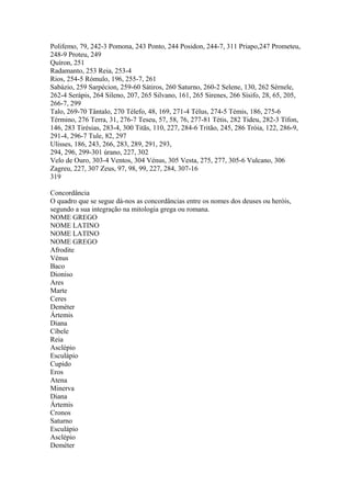 Polifemo, 79, 242-3 Pomona, 243 Ponto, 244 Posidon, 244-7, 311 Priapo,247 Prometeu, 
248-9 Proteu, 249 
Quíron, 251 
Radamanto, 253 Reia, 253-4 
Rios, 254-5 Rómulo, 196, 255-7, 261 
Sabázio, 259 Sarpécion, 259-60 Sátiros, 260 Saturno, 260-2 Selene, 130, 262 Sérnele, 
262-4 Serápis, 264 Sileno, 207, 265 Silvano, 161, 265 Sirenes, 266 Sísifo, 28, 65, 205, 
266-7, 299 
Talo, 269-70 Tântalo, 270 Télefo, 48, 169, 271-4 Télus, 274-5 Témis, 186, 275-6 
Término, 276 Terra, 31, 276-7 Teseu, 57, 58, 76, 277-81 Tétis, 282 Tideu, 282-3 Tífon, 
146, 283 Tirésias, 283-4, 300 Titãs, 110, 227, 284-6 Tritão, 245, 286 Tróia, 122, 286-9, 
291-4, 296-7 Tule, 82, 297 
Ulisses, 186, 243, 266, 283, 289, 291, 293, 
294, 296, 299-301 úrano, 227, 302 
Velo de Ouro, 303-4 Ventos, 304 Vénus, 305 Vesta, 275, 277, 305-6 Vulcano, 306 
Zagreu, 227, 307 Zeus, 97, 98, 99, 227, 284, 307-16 
319 
Concordância 
O quadro que se segue dá-nos as concordâncias entre os nomes dos deuses ou heróis, 
segundo a sua integração na mitologia grega ou romana. 
NOME GREGO 
NOME LATINO 
NOME LATINO 
NOME GREGO 
Afrodite 
Vénus 
Baco 
Dioniso 
Ares 
Marte 
Ceres 
Deméter 
Ártemis 
Diana 
Cíbele 
Reia 
Asclépio 
Esculápio 
Cupido 
Eros 
Atena 
Minerva 
Diana 
Ártemis 
Cronos 
Saturno 
Esculápio 
Asclépio 
Deméter 
 