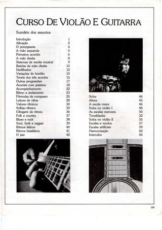 CURSO DEVIOLÃO E GUITARRA
Sumário dos assuntos
Introdução
Afinação
O principiante
A mão esquerda
Primeiros acordes
A mão direita
Sistemas de escrita musical
Batidas de mão direita
Dedilhados
Variações do bordão
Teoria dos três acordes
Outras progressões
Acordes com pestana
Acompanhamento
Ritmo e andamento
Fórmulas de compasso
Leitura de cifras
Valores rítmicos
Solfejo rítmico
Cifragem de ritmos
Folk e country
Blues e rock
Soul, funk e reggae
Ritmos latinos
Ritmos brasileiros
O jazz
l
2
4
5
6
8
9
10
12
14
15
17
18
22
23
25
28
30
"3"3oo
36
37
38
39
40
41
42
Solos
Altura
A escala maior
Solos no violão I
As escalas menores
Tonalidades
Solos no violão II
Escalas e modos
Escalas artificiais
Harmonização
Intervalos
45
46
48
50
52
55
57
59
62
66
159
 