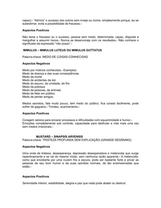 capaz).- “Admira” o sucesso dos outros sem inveja ou ciúme, simplesmente porque, ao se
subestimar, evita a possibilidade de fracasso.-

Aspectos Positivos

Não teme o fracasso ou o sucesso, pessoa sem medo, determinada, capaz, disposta a
mergulhar e assumir riscos.- Nunca se desencoraja com os resultados.- Não conhece o
significado da expressão “não posso”.-

MIMULUS – MIMULUS LUTEUS OU MIMULUS GUTTATUS

Palavra-chave: MEDO DE COISAS CONHECIDAS

Aspectos Negativos

Medo por motivos conhecidos.- Exemplos:
Medo de doença e das suas conseqüências
Medo da morte
Medo de acidentes da dor
Medo do escuro, da umidade, do frio
Medo da pobreza
Medo de pessoas, de animais
Medo de falar em público
Medo de perder amigos.

Medos secretos, fala muito pouco, tem medo do público, fica corado facilmente, pode
sofrer de gagueira.- Timidez, acanhamento.-

Aspectos Positivos

Coragem serena para encarar processos e dificuldades com equanimidade e humor.-
Emoções completamente sob controle, capacidade para desfrutar a vida mais uma vez
sem medos irracionais.-


          MUSTARD – SINAPSIS ARVENSIS
Palavra-chave: TRISTEZA PROFUNDA SEM EXPLICAÇÃO (GRANDE DESÂNIMO).

Aspectos Negativos

Uma onda de tristeza, desesperança, depressão desesperadora e melancolia que surge
repentinamente e se vai do mesmo modo, sem nenhuma razão aparente.- A melancolia,
como que encoberta por uma nuvem fria e escura, pode ser bastante forte e privar as
pessoas de seu bom humor e de suas opiniões normais, de tão ensimesmadas que
estão.-


Aspectos Positivos

Serenidade interior, estabilidade, alegria e paz que nada pode abalar ou destruir.
 