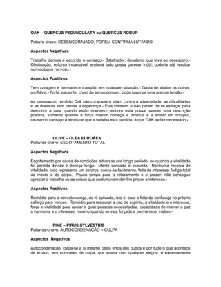 OAK – QUERCUS PEDUNCULATA ou QUERCUS ROBUR

Palavra chave: DESENCORAJADO, PORÉM CONTINUA LUTANDO

Aspectos Negativos

Trabalha demais e esconde o cansaço.- Batalhador, desalento que leva ao desespero.-
Obstinação, esforço incansável, embora tudo possa parecer inútil; poderia até resultar
num colapso nervoso.-

Aspectos Positivos

Tem coragem e permanece tranqüilo em qualquer situação.- Gosta de ajudar os outros,
confiável.- Forte, paciente, cheio de senso comum, pode suportar uma grande tensão.-

As pessoas do remédio Oak são corajosas e lutam contra a adversidade, as dificuldades
e as doenças sem perder a esperança.- Elas insistem e não param de se esforçar para
descobrir a cura quando estão doentes.- embora esta possa parecer uma descrição
positiva, somente quando a força interior começa a diminuir e a entrar em colapso,
causando cansaço e sinais de que a batalha está perdida, é que OAK se faz necessário.-



            OLIVE – OLEA EUROÁEA
Palavras-chave: ESGOTAMENTO TOTAL

Aspectos Negativos

Esgotamento por causa de condições adversas por longo período, ou quando a vitalidade
foi perdida devido à doença longa.- Mente cansada e exaurida.- Nenhuma reserva de
vitalidade, tudo representa um esforço, cansa-se facilmente, falta de interesse, fadiga total
da mente e do corpo.- Pouco tempo para o relaxamento e o prazer, não consegue
apreciar o trabalho ou as coisas que costumavam dar-lhe prazer e interesse.-

Aspectos Positivos

Remédio para a convalescença, da fé aplicada, isto é, para a falta de confiança no próprio
esforço para vencer.- Remédio para restaurar a paz de espírito, a vitalidade e o interesse,
força e vitalidade para apoiar e guiar pessoas necessitadas, capacidade de manter a paz
a harmonia e o interesse, mesmo quando se veja forçado a permanecer inativo.-


            PINE – PIRUS SYLVESTRIS
Palavras-chave: AUTOCONDENAÇÃO – CULPA

Aspectos Negativos

Autocondenação, culpa-se a si mesmo pelos erros dos outros e por tudo o que acontece
de errado, tem complexo de culpa, que acaba com qualquer alegria, é extremamente
 