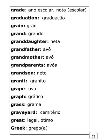 79
grade: ano escolar, nota (escolar)
graduation: graduação
grain: grão
grand: grande
granddaughter: neta
grandfather: avô
grandmother: avó
grandparents: avós
grandson: neto
granit: granito
grape: uva
graph: gráfico
grass: grama
graveyard: cemitério
great: legal, ótimo
Greek: grego(a)
 