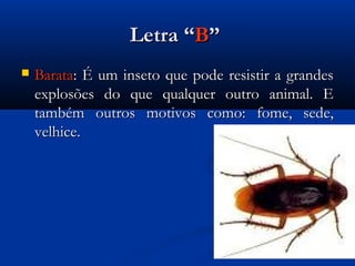 Letra “B”
   Barata: É um inseto que pode resistir a grandes
    explosões do que qualquer outro animal. E
    também outros motivos como: fome, sede,
    velhice.
 