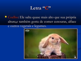 Letra “C”
   Coelho: Ele salta quase mais alto que sua própria
    altura,e também gosta de comer cenouras, alface
    e outros vegetais e legumes.
 
