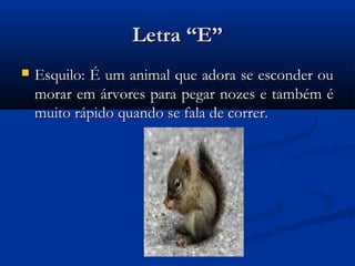 Letra “E”
   Esquilo: É um animal que adora se esconder ou
    morar em árvores para pegar nozes e também é
    muito rápido quando se fala de correr.
 