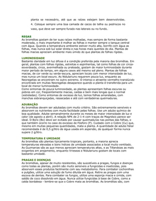 planta se necessário, até que as raízes estejam bem desenvolvidas.
       4. Coloque sempre uma boa camada de cacos de telha ou pedriscos no
       vaso, que deve ser sempre furado nas laterais ou no fundo.


REGAS
As bromélias gostam de ter suas raízes molhadas, mas sempre de forma bastante
moderada, o mais importante é molhar as folhas e manter sempre o tanque central
com água. Quando a temperatura ambiente estiver muito alta, borrife com água as
folhas, mas nunca sob luz solar direta e nas horas mais quentes do dia. Plantas de
folhas macias apreciam ambiente mais úmido do que plantas de folhas rígidas.

LUMINOSIDADE
Bastante claridade em luz difusa é a condição preferida pela maioria das bromélias. Em
geral, plantas com folhas rígidas, estreitas e espinhentas, tal como folhas de cor cinza-
esverdeada, cinza, avermelhada ou prateada, gostam de maior luminosidade durante
maior período de tempo, em alguns casos até mesmo sol pleno. Plantas de folhas
macias, de cor verde ou verde-escura, apreciam locais com menor intensidade de luz,
mas nunca um local escuro. As Nidulariuns requerem pouca luz, enquanto as
Neoregelias se encontram no outro extremo. O intenso e atraente vermelho translúcido
encontrado em muitas Neoregelias desaparece quando a planta é transferida para um
local de menor luminosidade.
Como sintomas de pouca luminosidade, as plantas apresentam folhas escuras ou
pobres em cor, freqüentemente macias, caídas e bem mais longas que o normal
(estioladas). Como sintomas de excesso de luz, temos folhas amareladas, com
manchas esbranquiçadas, ressecadas e até com verdadeiras queimaduras.

ADUBAÇÃO
As bromélias devem ser adubadas com muito critério. São extremamente sensíveis e
absorvem os nutrientes com muita facilidade pelas folhas. Use um adubo químico de
boa qualidade. Adube semanalmente durante os meses de maior intensidade de luz e
calor (de agosto a abril). A relação NPK de 2-1-4 com traços de Magnésio parece ser
ideal. O Boro (Bo) deve ser evitado por causar queimaduras nas pontas das folhas, o
que também ocorre no caso do excesso de Fósforo (P). Cuidado com o Cobre (Cu) que,
mesmo em muitas pequenas quantidades, mata a planta. A quantidade de adubo foliar
recomendada é de 0,5 g/litro de água usada em aspersão, de qualquer forma nunca
supere 2 g/litro.

TEMPERATURA E UMIDADE
As bromélias são plantas tipicamente tropicais, portanto, a maioria aprecia
temperaturas elevadas e bons índices de umidade associados a local muito ventilado.
As Guzmanias são as que menos apreciam temperaturas altas, e as Tillandsias as mais
exigentes em arejamento, enquanto Vrieseas e Nidulariuns gostam de locais com
bastante umidade.

PRAGAS E DOENÇAS
As bromélias, apesar de muito resistentes, são suscetíveis a pragas, fungos e doenças
como todas as plantas, porém são muito sensíveis a fungicidas e inseticidas, pois
absorvem esses produtos facilmente com seu metabolismo. Para combater cochonilhas
e pulgões, utilize uma solução de fumo diluída em água. Retire as pragas com uma
escova de dentes. Para combater os fungos, utilize uma esponja macia e úmida, com
sabão de coco dissolvido em água. Nunca utilize fungicidas à base de Cobre, como a
calda bordalesa - lembre-se que o Cobre mata as bromélias. As bromélias são, com
 