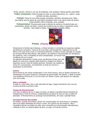 limbo, pecíolo, bainha e um par de estípulas, mas qualquer dessas partes pode faltar.
  Folha composta: Folha dividida em dois ou mais segmentos. Ex.: papiro. (Veja
                               também pinada, palmada).
    Folíolo: Parte de uma folha pinada composta, também chamado pina; folha
  secundária que faz parte de uma folha composta como a de vários tipos de acácia.
                      (Veja também folha composta, pina, pinada).
    Fotossíntese: Processo pelo qual o dióxido de carbono é transformado em
  carboidrato, dentro da folha, a partir da incidência da luz sobre o pigmento verde -
             clorofila - das hastes e folhas. Veja também clorofila, folha).




                        Frésia (Freesia)
Pertencente à família das Iridáceas, a frésia também é conhecida em algumas regiões
do Brasil por junquilho. Trata-se de uma bela e perfumada flor originária do sul da
África. Por suas cores vivas e o marcante perfume, a frésia é muito utilizada na criação
de arranjos florais decorativos. Nos jardins, seu plantio é recomendado em bordadura
de canteiros, mas o resultado só será compensador, se houver boa
incidência de luz no local.
As espécies apresentam muitas cores, geralmente fortes, que vão
desde um azul puro, passam pelo púrpura e chegam ao branco.
Reproduz-se por meio de bulbos perenes. Floresce nas regiões de
clima frio a temperado, normalmente no final do inverno e
prossegue na primavera.

Cultivo
Recomenda-se em locais ensolarados e com clima ameno, pois os bulbos precisam de
temperatura fria para iniciarem o processo de germinação. No plantio, o ideal é manter
uma distância mínima de 5 a 10 cm entre um bulbo e outro, que devem ser cobertos
com terra solta.

Solo e umidade
O ideal é o solo solto, leve e não saturado de água. Regar levemente uma vez por
semana durante o primeiro mês.

Tempo de florescimento
Com boa incidência de luz e regas corretas, as folhas e pendões florais brotarão da
metade para o final do inverno, independente da época do ano em que o bulbo foi
plantado. O florescimento se prolonga horizontalmente, em todo o pendão floral.

Armazenamento dos bulbos
Os bulbos, quando dormentes, devem ser armazenados em local fresco e ventilado,
para que sejam plantados de março a maio. Em cultivos do ano anterior, não é
necessário extrair os bulbos do solo, pois a dormência é interrompida naturalmente,
voltando a florir na mesma época do ano, ou seja, no final do inverno.
 