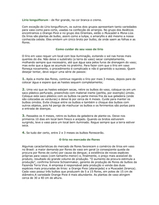 Lírio longuiflorum - de flor grande, na cor branca e creme.

Com exceção do Lírio longuiflorum, os outros dois grupos apresentam tanto variedades
para vaso como para corte, usadas na confecção de arranjos. No grupo dos Asiáticos
encontramos o Orange Pixie e no grupo dos Orientais, estão o Muscadet e Mona Liza.
Os lírios são plantas de bulbo, assim como a tulipa, o amaryllis e até mesmo a nossa
conhecida cebola. Eles emitem um único broto por bulbo, de onde saem as folhas e as
flores.

                         Como cuidar do seu vaso de lírio

O lírio em vaso requer um local com boa iluminação, evitando o sol nas horas mais
quentes do dia. Não deixe o substrato (a terra do vaso) secar completamente,
molhando sempre que necessário, até que água saia pelos furos de drenagem do vaso;
mas evite que a água se acumule no pratinho. Para fazer com que o lírio em vaso
floresça novamente, o procedimento é complicado e não é garantido o sucesso. Quem
desejar tentar, deve seguir uma série de passos:

1. Após a morte das flores, continue regando o lírio por mais 3 meses, depois pare de
colocar água e espere que as hastes sequem completamente;

2. Uma vez que as hastes estejam secas, retire os bulbos do vaso, coloque-os em um
saco plástico perfurado, preenchido com material inerte (perlita, por exemplo) úmido.
Coloque este saco plástico com os bulbos na parte menos fria da sua geladeira (onde
são colocadas as verduras) e deixe lá por cerca de 4 meses. Cuide para manter os
bulbos úmidos. Evite choque entre os bulbos e também o choque dos bulbos com
outros objetos, pois há perigo de machucar os bulbos e os ferimentos são portas para
a entrada de doenças.

3. Passados os 4 meses, retire os bulbos da geladeira de plante-os. Deixe nos
primeiros 10 dias em local bem fresco e arejado. Quando os brotos estiverem
surgindo, leve o vaso para um local bem iluminado. Regue sempre que a terra estiver
seca.

4. Se tudo der certo, entre 2 e 3 meses os bulbos florescerão.

                           O lírio no mercado de flores

Algumas características do mercado de flores favorecem o comércio de lírios em vaso
no Brasil: a maior demanda por flores de vaso em geral (e conseqüente queda da
procura por flores de corte) por causa da dengue; a existência de novas espécies
próprias para vasos (com tamanho menor) e, finalmente, o preço mais acessível do
produto, resultado do grande volume de produção. "O aumento da procura estimula a
produção", confirma Simone Schoenmaker, gerente de produção de flores de bulbos da
Fazenda Terra Viva. A empresa é responsável pela produção e venda das duas
espécies mais procuradas de lírios: a Orange Pixie (alaranjada) e a Muscadet (branca).
Cada vaso possui três bulbos que produzem de 5 a 15 flores, em potes de 15 cm de
diâmetro.A variedade Orange Pixie é mais abundante. As plantas de vaso atingem
cerca de 30 a 40 cm de altura.
 
