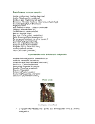 Espécies para terrenos alagados

Açoita-cavalo-miúdo (Luehea divaricata)
Angico (Anadenanthera colubrina)
Crista-de-galo (Erythrina crista-galli)
Embaúbas (Cecropia hololeuca e Cecropia pachystachya)
Guanandi (Calophyllum brasiliensis)
Ingá (Inga spp)
Ipê-amarelo-do-brejo (Tabebuia umbellata)
Jenipapo (Genipa americana)
Jerivá (Syagrus romanzoffiana)
Palmito (Euterpe edulis)
Pau viola (Cytharexillum myrianthum)
Peito-de-pombo (Tapuira guaianensis)
Peroba poca (Aspidosperma cylindrocarpon)
Pindaíba (Xylopia emarginata)
Pinha-do-brejo (Talauma ovata)
Salgueiro (Salix humboldtiana)
Sangra d'água (Croton urucurana)
Suinã (Erythrina falcata)
Tapiá (Alchornea glandulosa)

                   Espécies tolerantes a inundação temporária

Aroeira-vermelha (Schinus terebenthifolius)
Cabriúva (Myroxylon perniferum)
Canela-batalha (Cryptocarya aschersoniana)
Capixingui (Croton floribundus)
Capororoca (Rapanea ferruginea)
Copaíba (Copaifera langsdorfii)
Figueira (Ficus spp)
Goiabeira (Psidium guajava)
Guaiuvira (Patagomela americana)
Jabuticaba (Myrciaria trunciflora)

                                     Dicas úteis:




                               Jerivá (Syagrus romanzoffiana)


   •   O espaçamento indicado para o plantio é de 3 metros entre linhas e 2 metros
       entre plantas.
 