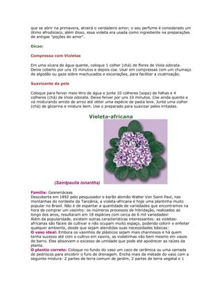 que se abrir na primavera, atrairá o verdadeiro amor; o seu perfume é considerado um
ótimo afrodisíaco, além disso, essa violeta era usada como ingrediente na preparações
de antigas "poções do amor".

Dicas:

Compressa com Violetas

Em uma xícara de água quente, coloque 1 colher (chá) de flores de Viola odorata.
Deixe coberto por uns 15 minutos e depois coe. Usar em compressas com um chumaço
de algodão ou gaze sobre machucados e escoriações, para facilitar a cicatrização.

Suavizante da pele

Coloque para ferver meio litro de água e junte 10 colheres (sopa) de folhas e 4
colheres (chá) de Viola odorata. Deixe ferver por uns 10 minutos. Coe ainda quente e
vá misturando amido de arroz até obter uma espécie de pasta leve. Junte uma colher
(chá) de glicerina e misture bem. Use o preparado para suavizar peles irritadas.

                               Violeta-africana




            (Saintpaulia ionantha)

Família: Gesneriáceas
Descoberta em 1892 pelo pesquisador e barão alemão Walter Von Saint Paul, nas
montanhas do nordeste da Tanzânia, a violeta-africana é hoje uma plantinha muito
popular no Brasil. Não é de espantar a quantidade de variedades que encontramos na
hora de comprar um vasinho: os inúmeros processos de hibridação, realizados ao
longo dos anos, resultaram em 18 espécies com cerca de 6 mil variedades!
Além da popularidade, existem outras características interessantes: as violetas-
africanas são fáceis de cultivar e não ocupam muito espaço, podendo colorir e enfeitar
qualquer ambiente, desde que sejam atendidas suas necessidades básicas:
O vaso ideal: Embora os vasinhos de plásticos sejam mais charmosos e há quem
tenha sucesso até com o cultivo em xaxins, as violetinhas vão bem mesmo em vasos
de barro. Eles absorvem o excesso de umidade que pode até apodrecer as raízes da
planta.
O plantio correto: Coloque no fundo do vaso um caco de cerâmica ou uma camada
de pedriscos para encobrir o furo de drenagem. Encha mais da metade do vaso com a
seguinte mistura: 2 partes de terra comum de jardim, 2 partes de terra vegetal e 1
 