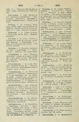 kUB - 166 — KUÔ
intr. e r. Virar-se ( de um para o
outro ladoj |
Revolver-se |
Dar vol-
tas.
Kub luluka, v intr. Mudar de
côr; desmaiar; empalidecer. |
|
Ter-
giversar; desdizer-se: eie-muene u
azada u biíuluka riiu/i? 
Voltar para
traz.
Kúbima, v tr Carregir. levar
para outro lugar (cousa pesada ou
difícil). I
!
Furtar; roubar; levar con-
sigo, il V. intr Gatunai; laiapiar
Kubimisa, v. tr Fazer levantar
e levar para outro sítio j
Mandar
surripiar.
Kábinda, v. tr. eintr Solicit r;
chamar por meio de convite; pedir
que apareça | |
Kunbinda, v r
Dar-se ou íazer-se convidado |
Re-
tribuir convite.
Kubínda, v tr. Enredear; prender
na rede | j
Kuribinda, v r Enre
dar-se. |
Meter-se em cousa diíícil
Kubindama, v intr. Preci.sar;
necessitar; passar privaçães: n(/ala
mu — 
Ser pobre || sub Necessida-
de; pobreza |
Carência de meios
para subs st r.
Kubindamena, v. tr. eintr. Pre-
cisar absolutamente de j
Necessi-
tar, carecer de; ng' abindamena útari.
1-iuscar; (^ufrc; exigir.
Kubindamesa, v, tr. Privar do
necessário, j
Sujeitai; constranger:
u a ngi bindamesok ngi vut sumbi-
la mídeíe. Importunar, encomodar,
enfadar: eie'^ k u ngi bindainese! , .
| |
Kuribindamesa, v r. Ubngar se;
privar se do necessário |
Molestar se
Kubindumuka, v. intr. Estar ra-
mificado ou subdividido em partes
secundaras |
Ir por diferentts par-
tes ao mesmo tempo. Estar be-
neficiado, aliviado, j
Ter melhoria
(de 8 tuação) '
sub. Ramificação;
b.nefício.
Kubindumuk na, v. tr. Prover
do preciso de modo que nada falte.
I
Municiar; abastecer.
Kubindumuna, v. tr Beneficiai:
— jingariama [
Socorrer. || Auxi-
liar; consentir por {lartes. (
Abas-
tecer; distribuir. I I
Cobrar: — r<-
kon^o Recuperar; receber | Ku-
ribindumuna, v. intr e r. Libertar'
-se i^úa^ ob:igàiÃo) .

Pagar-se.
Kúbinga, v. tr eintr. Pedii J—
muloloke 1
Implorar, reque-
rer. II Precisar: o' onzo i abingi
ku iririka. I
Não poder passar sem,
ou prescindir de: u abingi hu mn aa-
kula II sub. Petição; pedido. |
Su-
plica; lôgO.
Kubínga, v. tr. Impedir o encon-
tro de. [ Trocar; mudar; inverter
I
sub. Desencontro; troca. || Ku-
ribinya, v r Desencuntrar-se; se-
guir por caminho oposto: — jiujila
Kubingajana, v. intr Alternai;
revezar, |J v. tr. Substituir mui-
tas vezes. I
Trocar a cada passo.
II sub. Alternativa; revezamento.
! Kuríbingajana, v, r. Revezar-se|
Fdzer-se substituir muitas vezes.
Kubingana, v tr. e intr. Suce-
der; substituir. 1
Vir fazer as vezi-s
ou ocupar o lugar de ! |
Kuribinga-
na, v. r. Desencontrar-se; revezar-
-se.
Kubinganesa, v. tr Fazer ren-
der, substitu r.| Pôr pessoa cu cju
sa era lugar de outra |
Suprir.
Kubingila, v. tr Patrocinar; re-
comendar; proteger. || Pedir por
outrem
Kubinguluka, v. intr. Mudar de
po5Íção Estar em sentido cont.á-
rio I
adv. Depois: mais tarde: mu
—u atambulu o kitari kie Seguida-
mente; lego.
Kubingulukisa, v. tr. Fazer mu-
dar de tenção, de posição, de parti-
do.
Kubingulula, v tr. Vdtar; vol-
ver i
Mudar de diiecção. de senti-
do I
Pôr de avesso. I
É tb. r
Kubinjika, v. intr. e tr. Forçar;
constranger. |
Obiigat; t Iher. |
Causar embaraço. ]
Kuribinjika,
V r. Obrigar-se; meter-se em difr
culdades.
Kubinjikisa, v. tr. Embaraçar.'
limitar; impedir (os movimentos).
Constnngir
Kubinuka, v intr. Baqu'^ar, cair
de costas: 2i ahinuka rrrn kulaha. 
Tombar (de cabiÇa para baixo.) j
Ca r de chofre.
Kubinukísa, v. tr Fazer tombar,
baquear, cair de costas.
Kubiokololai V. tr Retoicer (^s
 