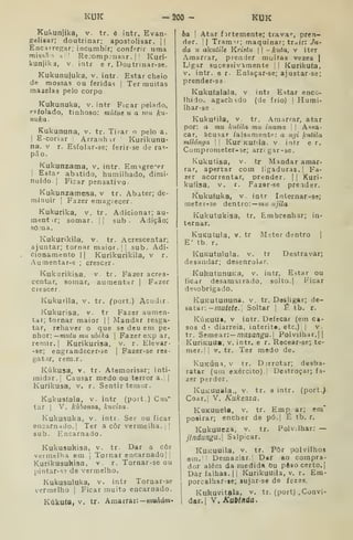 KUK -200 - KUK
Kukunjika, v. tr. é intr. Evan-
s:olÍ8ar; doutrinar: apostolisar. ||
Encarregar; incumbir; conferir uma
missnn h|! Rejompeiisar .
|
| Kuri-
kunjika, V. ititr e r, Doutrinar-se.
Kukunujuka, V. intr. Estar cheio
d« mossas ou feridas |
Ter muitas
mazelas pelo corpo
Kukunuka, v. intr Ficar peiado,
esfolado, tinhoso: màtue u a mu ku-
nuka.
Kukununa, v. tr. Tirar o pelo a.
[
Escoriar Arranhr '
Kurikunu-
na. V r. Esfolar-se; ferir-se de ras-
pão.
Kukunzama, v. intr. Emigre-er
I
Esta»- abatido, humilhado, dimi-
nuído! Fioar pensativo.
Kukunzamesa, v tr. Abater; de-
minuir |
Fazer emagrecer.
Kukurika, v, tr. Adicionar; au-
ment ir; somar. || sub. Adição;
.sO .n a
Kukurikila, v. tr. Acrescentar;
ajuntar; tornar maior .] I
sub. Adi-
cionamento || Kurikurikila, v r.
Aumentar-s ; crescer.
Kukurikisa, v. tr. Fazer acres-
centar, somar, aumentar |
Fazer
crescer.
Kukurila, V. tr. fport.) Acudir.
Kukurisa, v. tr Fazer aumen-
tar; tornar maior |
|
Mandar resga-
tar, rehaver o que se deu em ^q-
Tahov.—mutu mii,uhika 
Fazer exp ar,
remir. I
Kurikurisa, v. r. Elevar-
-se; engrandecer»3e ]
Fazer-se res-
gatar, rem.r.
Kúkusa, V. tr. Atemorisar; inti-
midar, j
Causar medo ou terror a.j |
Kurikusa, v. r. Sentir temor.
Kukustala, v. intr (poit.) Cus"
tar I
V, kúbonza, kuviza.
Kukusuka, V. intr. Ser ou ficar
encarnado.] Ter a côr vermelha. | j
sub. Encarnado.
Kukusukisa, v. tr. Dar a côr
veimelha em.| Tomar encarnado | ]
Kurikuaukisa, v. r. Tornar-se ou
pintar-se de vermelho.
Kukusuluka, v. intr Tornar-se
vermelho ]
Ficar muito encarnado.
Kúkuta, V. tr. Amarrar;— biuWto*
ha !
Atar f jrtemente; trava»-, pren-
der. I I
Tramar; maquinar; tr^ir: Jn-
da u a'kulile Kristii 

- kuta, v iter
Amarrar, prender muitas vezes |
Ligar sucessivamente |
|
Kuriku(a,
V. intr. e r. Ealaçar-se; ajustar-se;
prender-sa
Kukuíalala, v intr Estar enco-
lhido, agachado (de frio) j
Humi-
Ihar-se .
KukuMla, V. tr. Amarrar, atar
por: a mu kidila ma inama 

Assa-
car, acusar falsíimente: o ngi kutila
vMónga  Kur KUdla. v. infr e r.
Comprometer- se; arr(gar-se.
Kukutisa, V. tr Mandar amar-
rar, apertar com ligaduras.! Fa-
zer acorrentar, prender. |
|
Kuri-
kufisa, V. r. Fdzer-se prender.
Kukuíuka, V intr Internar-se;
raetei-3e dentro: —ma njila .
Kukutukisa, tr. Embrenhar; in-
ternar.
KuKutula, V. tr Meter dentro |
E' tb. r.
KuKutiilula. V. tr Destravar;
desandar; desenrolar.
KukutunuKa, v. intr. Estar ou
ficar desamarrado, solto.] Ficar
desobrigado.
KuKUtununa. v. tr. Dasligar; de-
satar: -mu/e/c, Soltar I
É tb. r.
KúKUUi, v intr. Defecar (em ca-
sos d' diarreia, interito, etc.) ;
[
v.
tr. Semear: — masan^u.l Polvilhar.] |
KuriKuua. v. intr. e r. Recear-se; te-
mer. I| V. tr. Ter medo de.
KuKÚua, V tr. Djrrotar; desba-
ratar (um exército).! Destroçar; fa-
zer perder.
KuKUuala,, v. tr. a intr. (port.^.
Coar. 1
V. Kukenza.
KuKUuela, v. tr. Emp ar; era"
pottirar; encher de pó.| É tb. r.
Kukuueza, v. tr, Polv.lhar: —
jlndunga. Salpicar.
KuKUUila, V. tr. Pôr polvilhos
em.M Demaziar.] Dar ao compra-
dor além da medida Ou pôao certo. |
Dâc falhas. | i
Kurikuuila, v. r. Em-
porcalhar-ie; sujar-se de fezes.
Kukuvitala, v. tr. (port) .Convi-
dar.! V. Kubínda.
 