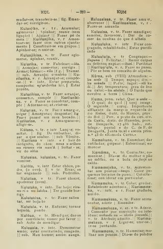 KUL -210- KUM
mudar-se; transferir-se. [
fig. Emen-
dar-se; corrigir-se.
Kulunj'k?i, V. tr. Acumular;
aglomerar |
Apinhar; reunir ísem
ligação) I
Ajuizar j
j
Fazer pé de
meia | i
Kurilunjika, v. r Amon-
toar-se; fazer com outros ajunta-
mento 1
Constituir-se em grupos.)
Apinhar-se; rtunir-se.
Kulunjikisa, v. tr Fazer aglo-
merar, apinhar, reunir.
Kulurika, v tr Fabricar:—itía.
II
Airanjar; consertar; corrigir. |
Armar; formar:- ri7a |
f g. |
Tramar.
I I
sub. Arranjo; conserto |
|
Ku-
rilurika, v. r. Arranjar-se; corapôr-
•se .
I I
V. intr. Estar preparado,
composto: ng'arilarika kii.  Estar
pronto.
Kulurikisa, V. tr Fazer arranjar,
consertLr, compor |
|
Kuriluriki-
sa, V r Fazer se consertar, com-
por I
Adornar-se; ataviar-se.
Kulurisa, v. tr Faz ,r amarg tr,
salgar |
Amargurar; desgostar] fig
Fazer passar ura mau bocado. | |
Kurilurisa, v. r Amargurar-se;
afligir-se.
Kúlusa, V. tr. e intr Lançar; vo-
mitar. I
fig De embuchar, di-
zer o que souber. | |
sub Vómito.
II
Kurilusa v intr. e r Sair do
incógnito, do caos: mona u arilusu
mu rivumu ria niam'á. 
Soltar - se;
vir do além
Kulusisa. kuluxisa, v. tr. Fazer
vomitar.
Kulúta, V. intr Estar choco, po-
dre, (o ovo). II V tr. Errai; es
tar enganado | |
sub. Podridão.
Kuludsa, V tr. Fazer chocar,
apodrecer (ovos) .
Kulutuka, V intr. Ter bojo: rivu-
mu ri a VIU lutuka. 
Ter grande bar-
riga
Kuluíukisa, V. tr. Fazer salien
tar, ser bojudo
Kulutula, V. tr. Enfunar; tornar
bojudo, pando.
Kulúua, V tr. Mend'gar; dar-3ô
por convidado; comer por favor | j
sub Acto de mendigar.
Kuluuala, v. intr. Demonstrar
amuo; estar contrariado, zangado.
II sub. Mau humor; amuo: zanga.
Kuluualesa, v tr. Fazer amuir,
aborrecer 1
1 Kuriluualesa, v. r .
Fazer-se amuado
Kuluuisa, v. tr. Fazer mendigar;
esmolar, favorecer. |
Dar de co-
mer ás ocultas do que é alheio
Kuluuluka, V. intr Ficar con-
graçado, rehabilitado.| Estar purifi-
cado
Kuluulula, V tr Congraçar:
jinguina 
Ftlícitar. I' Remir culpas
ou delictos; expiar: ituxi.l Purificar
I I
Kuriluuiula, v. r. Fazer as pazes.
I
Pôr se bem no conceito de alguém.
KuTia, sub (VIII) Atmosfera: —
ku azele  Tempo; espaço; dia: —
k« aoúndu  P^rte; lugar: -sáí ku
âi.  I
Ar; temperatura; grau de frio
ou calor:— kw atalaia.] O fluido que
envolve a terra j
Clima.
Kuma, pron. relat. Que: u ambe -.
I
O qual; do qu^l |
|
conj integr.
O seguinte. corog. Importante
alfluente da margem esquerda do
rio Kuime, distr. do Moxico, prov
do B)é I I
Pov. e pc sto da circ. civ.
da Caala, distr. do Huambo, prov.
de Benguela, 17.48o hab., est.
telegr.- postal e do C. de F. de
Benguela, Junta local e escola prim.
n." 43 de «Ramada Curto.
Kumakuna, v. tr. Esmechar; dar
cutiladas; golpear. 1
Esborcinar; es-
moncar
Kuraáma, v. tr. Contactar; co-
municar. I
DÍ4-se do molhar o pão
no molho, ou a bola áo fiinji no
caldo.
Kumamejeka, v. tr. Acrescen-
tar aos poucos: — ían^a '
Coser pe-
quenos bocados da pano. |
Caracte-
risar; con iderar em particular.
Kumameka. v. tr. Colar; grudar.
Estabelecer aderência ]
Kurimame-
ka, V. intr. e r. Ficar grudado,
uui do.
Kumamekesa, v. tr. Fazer acres-
centar, aderir |
Emendar.
Kumamekeza, v. er. e tr. Aderir.
I
Consentir por convicção ou inte-
resse: undanda ua — wkeòa ]inzumhi. 
v. tr. Atribuir; admitir. Kurima-
mekeza, v r Ligar-se; unir-se. |
Ir-se juntando.
Kumamena, v. tr. Humectar; mo-
lhar aos poucos.! Diz-se do polidor
 