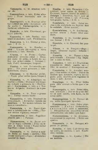 KUS -233- KUS
Kusongola, v. tr. Afastar; reti-
rar de.
KusonffoloKa, v. intr. Estar afãs-
tad'"> I
Ficar desviado; sair do
grupo.
Ku30Dgolola, V. tr. Desviar: afas-
tar: rltari mu njila ]
Acantoar; pôr
de parte II Kurisongolola, v. r.
Isolar-se; afastar-se.
Kusonha, v. intr. Chuviscar; go-
tej ir (chuva).
Kusonoka. v. intr. Perder; cair:
kitari kí asonoka ||sub. Perdimento,
Kusonona, v. t r. Deixar p rdei,
cair. 1
É tb. r.
Kusonzuela, v. tr. Mondar; —
ribla I
L'n.par (de capim) a terra
semeada, il sub. Monda.
Kúsosa, V tr Podar. I
Cortar,
desbastar árvores: —míxi 
Tirar,
por meio de pilão, o farelo do mi-
lho em grão: mása. j Limpar. ||
sub. Pod.i; descasque; limpesa.
Kusósa. V. intr Sír estreito, es-
guio I
Ter pouca grossura. || sub.
Estreitesa; finura.
Kúsosesa, v. tr. Mandar podar.
I
!
Fazer pilar milho (para limpar.)
Kusosésa, v. tr. Adegalçar; es-
treitar: ribáia. Diminuir em largu-
ra; reduzir a grossura de |
Restrin-
gir. || Kurisosesa, v. intr. e r Tor-
nar-se delgado; diminuir de espes-
sura.
Kusosóla. v. tr Tirar o grosso
de.| Tornar menos basto.
Kusosoloka, v. intr. Diminuir de
intensidade. |
Abrandar: kuKata ku
aBOtof-OKa. I
Ser menos intenso, ter
menjs veemência.
Kusosolola, v tr. Fazer dimi-
nuir a intensidade de: —tâbia. Tor-
nar menos vigoroso; reduzir.
Kusosomoka. v intr. Fagulhar:
jihuinhi jala —  Faiscar.
Kusosomona, v. tr. Fa/.er avi-
var (o fogo): jihuinhi 
Tirar da le-
nha a braza aceza | Fazer soltar
fagulhas:—;7«oío ja túbia.
Kusosuéla, v tr. Deitar a miú-
de lenha ao lume; — Aamòia. |
Nào
deixar extinguir o fogo.| Alimentar;
manter (o fogo).
Kusôía, V. intr. Encarnar | Ci-
catrizar; criar carne (a ferida) | |
Prtcurar; buscar; tratar de saber:
Kalunga. 
Escrutar; fazr que sê
lhe depare:- fnÔ7ía. I
I •-ub P.ocuta*
indagação; busca. |
É tb r.
Kusofalala, v intr. Estar en-
chatcado, embebido em líquido: boxi
bu asotalala 
Estar úmido.
Kusotalalesa, v. tr Encharcar,
molhar muit® |
Fazer criar umi»
dade.
Kusofesa, v tr. Mandar procu-
rar, buscar |
É tb r.
Kusofoia. v. tr. Coucear; dar pon-
tape.
Kôsua, v tr. Fouçar: iángu 1
Segar, arrancar capim;- imbambe 
Arregoar.
Kusuála, v. tr. Passar a fubá
pelo rmiauálu |
Cirandar |
fig. Sepa-
rar o mau do bom
Kusuáma, v intr. e r. Ocultar-se;
esconder-9e: kitari, viuxUtt ua~.|
Não se mostrar. |
Encoquinar-se
Kusuámba, v. tr. Arrufar; zan-
gar:— /ciía muhatu ni riiala 
Diz-se da
mulher que. amuada, espera ser ro-
gada peio marido para regressar á
casa .
I I
sub. Arrufo.
Kusuánga, v. tr. Pilar feijão
para dele extrair o bicho que o es-
traga
Kusuangala, v. intr Estar seco,
sem uraidade.j Diz-se do prão fei-
to só com azeite, sem água, ou do
arroz solto.
Kusuangalesa, v. tr. Tornar se-
co, solto (qualquer iguaria).
Kusuasuana, v intr. Estar ator-
mentado I
Estar desfarelado,
carcomido: jnúxi u aêuaeuana.
I I
Atrapalhar-se; encontrar-se «m
dificuldades; não saber que íaier
Kusuasuanesa, v tr. Arruinar,
transtornar (o espirito). | Meter em
apertos
Kusuasula, v. tr. Estugar, Ali-
geirar (o passo).
Kusuáfa, v intr. Cair certo; es-
tar juito, na medida. {
|
sub Exati-
dão; certeza
Kusuatesa, v. tr. Ajustar |
Pôr
na medida.
 