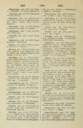 MAP -278- MÁS
Mapuripuri, sub. (IV) bot. Plan-
ta trepadeira de fruto comestível.
Márianga, «ub, pi. (IV) Plantação
de cana brava.
Mariafelu, sub, pi. (IV) Utensí.
lios onde se metem os pês (para an-
dar, pisar, calcar, etc.) |
p. ext.
Sapatos.
Mariembe, sub. pi, (IV) Bando
de pombos ou rolas. |
V. mêmbe.
Marifúndu, sub. e adj. pi. (IV)
port. Deluatos.
Marikifa, sub (IXi ictiol Peixe
do mar.
Marihuátu, sub pi. (IV) Pegas;
questões; discórdias.
MarilUi sub (ÍV) A mão ou lado
direito: ku— |
Destra.
Márima, sub (IX) Carreiras; cor-
ridas: muari'ê ti mii hetela mu-, k'u
mu betei' e mu ndúnge, ndunge ja kota
j'avula. II É tb aav
Marimba, sub pi. (IV) Instru-
mento músico bastante conhecido.!
Música: Auxtíra— j
Piano; orqu'?s'ra;
banda i|
corog Pov eícdedacirc.
civ. do Cambo, distr. e prov de
Malange, a 8° 21' e 40" Lat S e
170 9' e 10" Long E , 15. 191 hab ,
Delegação de Saúde e de F.z , julg.
instr.. ambul. sant e est. poatal
de 3 ' classe .
Marimbinza, sub. pi. (IV; Regiões
supeiiores da atmosfera] Alturas:
—ma riúlu ',
Vacuidade
Marimbondo, sub pi (IV) zool
Enxame de zangões. |
Vespeiro.
Màrimbu, sub. pi (IV) Nascidas;
tumoies.
Marimbuénde, sub pi (IV) Ves-
pas.] O mesmo que ?/iarí/7í6o?i(i).
Márimi, sub. pi. (IV) Línguas;
idiomas; falas.
Márimu. sub. pi (jV) Habilida-
des; espertezas. I
V . kurimuka,
Marímu, sub. pi. (IV) Terras de
Uvoura longe das povoações, j O
«iuterland* agrícola.
Márinda, adj. e sub (IV) Coar-
taao I
Aquele que não podia ser
venJiJo por ter já entregue pirte
da qudntia para o seu resgate |
Diz-se do escravo dado como garan*
tia de uma dívida. || Habitante;
inquilino; morador.
Marinzenzu. adj (IV) Prestes a
cair: « ala—  adv. Por um fio.
Marionga, sub. pi. (IV) Flexas.]
Conjunto de zigaia3.|| ictiol. Pe-
quenos pe;xes do mar, de barriga
grande.
pi. (Ill) Cama e
Colxões
Maríri, sub
seus pertences
Marisa, sub pi. (IV) port. Li-
ções I
fig. Pragas.
Mariíáfu, sub. pi. (IV) Descul-
pas; embages; rodeios |
EvaS'va3;
justificação infundada.
Mariuánu, sub (IV) Admiração;
assombro; pasmo: mbua k'iixik'ê mu-
piôpio mu nqóngo, — 
Maravilha. |
Impressão f ^rte causada por cousa
inesperada.! Cousa que excede toda
a pondera çãi: !
V. kiriuânu |
Mani-
festação de horror; objecto de es-
panto | Co-i a fantástica.
Márixi sub pi (IV) Fumaceira,
furaaraJa. ! .Mu.tos fumos de di-
versos lugnres ao mesmo tempo. |
fig. Vapor de licores que sobe à ca-
beça. I
Turbição (do juizo); em-
briaguês.
Mása, sub. pi. (IV) bot. Género
de plantas fam das giamíneas que
dão o trigo, o painço, o sorgo, etc.
jM^íçarocag; ni.iho (zea mãís). li-
ma KÍndelc, milho branco, grosso,
vulgar I
—ma mbala ou —'a mbala,
inilhíte, sòrg ), iiigo; milho miúdo.
II
—ma iàngu, ou —'iangu, alpiste,
massango, { peíinisetum typhoi
deam). M Iheiral; seara: mulénga
ua — j I
med. Triquina; tnquinose.j
V. ngúlu.
Mesála, ?ub. pi (IV) bot. Fa-
niíUa de plantas herbáceas e trepa
deiras lipo das convolvuláceas {ipo-
noea prismatosyphon), de utilisição
ornamental
Masamanu, adj. card. íp'-ecedido
de sub) Seis: mãle—N. samanu.
Masambala. sub (IV) bot. (IV)
Djra; sorgo. |
V. masa.
Masambisámbi, fub. (IX) Mos-
tras de alienaço meutal: u endele
mu uíaji k'akamb'ê—, | indícios de
doidice. I
MuKua —, adj. e sub.
Que tem indícios de alienação men-
 