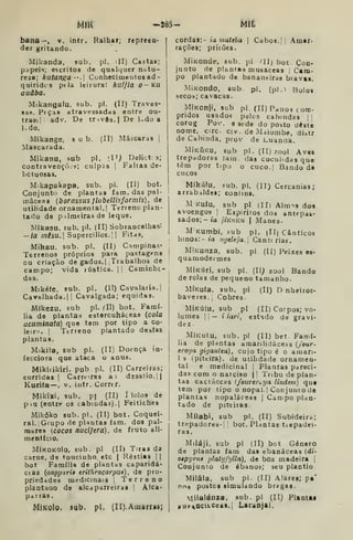 Mik -285- MIL
bana—, v. intr. Ralhai; repreen-
der gritando.
Mikanda, sub. pi. ilI) Cartas;
papeis; escritos de qualquer nhtu-
reza; hlítartga --.i Conhecimentos ad-
quiridcs ptlâ leirura: kul/ia O— KU
auâba.
Mikangalu, sub. pi. (II) Traves-
sas. Pfças atravessadas entre ou-
tras-.] |
adv. De trnvôa.l De ledo a
Udo.
Mikange, sub. (II) Máscaras |
Mascarada.
Mikanu, sub pi. 'I'; Delict s;
contravençò.-s; culpss 1
Faltas de-
lictuosas.
Mkapakapa. sub. pi. (II) bot.
Conjunto de plantas fam. das pal-
mâcess {borassus ílubellisformis), de
utilidade ornamental. | Terreno plan-
tado de pilmeiras de leque.
Mikasu, sub. pi. (II) Sobrancelhas'-
— /a mísu.l Supercilios.il Fitas,
Mihau, sub. pi. (II) Cnaipinas*
Terrenos próprios para pastagens
ou criação de gados. |
Trabalhos de
campo; vida lú&tica, |
Caminhe-
das.
Mikéíe. sub. pi. (U) Cavalaria.]
Cavalhada.] I
Cavalgada; equidas.
Míkezu, sub pi. fll) bot. Famí-
lia de plantas estercuháceas (cola
acuminata) que tem por tipo a co-
leirn. I
Terreno plantado destas
plantas.
Mikila, sub pi.
feccíosa que ataca
Mikiiikiri. pub. pi. (II) Carreiras;
corridas] Carreiras a^ desalio,]!
Kurila —, V. intr. Correr.
Mikixi, sub. PI (II)
pia (entre os cabiudas).
Mikóko 8ub.pl. (II) bot. Coquei-
ral. Grupo de plantas fam. dos pal-
mares {COCOS nucljera), de fruto all-
mentÍQio,
MiKOKOlo. sub. pi (II) Tiras da
carne, de toucinho, etc |
Réstias ] |
bot Família de plantas caparidá-
ctas {oapparis erithrocarpus) , de pro-
priedades medicinais 1
Terreno
plantaoG de alcaparreiras j
Alca-
parras .
MiKOIo. 8ab. pi. (II).AuQarr»i;
pl. (pl.^ Bolos
(II) Doença in-
o anus.
í lolos de
Feitiches
cordas:- ia waíeòa j Cabos. || Amar-
rações; prisões.
MiKonde, sub. pl cllj bot. Con-
junto de plantas musaceas j Ctm-
po plantado de bananeiras biavas.
MiKondo, sub
secoi; cavacas.
MlKonji, sub pl. (II) Panos com-
pridos usados peles cabindas jj
corog Pov. esede do posto deste
nome, circ. civ. de Maiombe, di^tr
de Cabinda, prov de Luanaa.
MIkúku, sub pl.(II)zool Aves
trepadoras Iam. das cu^uhdas que
têm por tipj o cuco.| Bando de
cucos
Mikúlu, sub. pl. (11) Cercanias;
arrab:ildes; conlin».
M Kuíu, sub pl (III Alnns doa
avoejigos !
Espíritos dos antepas-
sados;- ta jiKuKu I
Manes-
M Kumbi, sub pl. ill| Cânticos
hinos:- ta n(jdeja. Cantt rias.
MiKuiiza, sub, pl (II) Peixes es-
quamodei mes
MiKúri. sub pl. (Ii; zool Bando
de rolas de pequeno tamanho.
MÍKuía. sub. pl (II) D nheiroE-
haveres. 
Cobres.
MiKúíu, sub pl (II) Corpos; vo-
lumes 1
— i iari, estado de gravi-
dez
MÍKutu. sub. pl (II) bet Faa.í-
lia de plantas amarilidáce:-.s {/our-
eroya giganUa) , cujo tipo é o aman-
1 3 (piteira), de utilidade ornamen-
tal e medicinal |
Plantas pareci-
das cora o narciso j [
Tnbu de plan-
tas cacláccas (fotirer^ya lindem) que
tem por tipo o nopal.] Conjunto de
plantas nopaláceas |
Campo plan-
tado de piteiras
Mílabi, sub pl. (II) Subideira;
tropadores-l |
bot. Plantas tiepadei-
ras.
Miláji, sub pl (II) bot Género
de planías iam das ebanáceas {di'
ospgruB plalyjylla), de boa madeira j
Conjunto de ébanos; seu plantio.
Milâla, sub pl. (II) Alares; pa'
pn;) po&tos simulando bragas.
Milalánza, sub. pl (II) Plantas
aur^Dcaceas.j Laranjal,
 