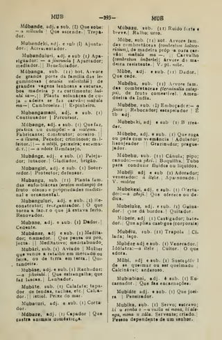 MUB -893- MUB
Múbande, adj. e sub. (I) Que lobe:
— a milundu 
Qu« ascendei Trtp».
dor.
Mubandeki, adj. e sub (I) Ajunta-
dor. Acrtscantador.
Mubanduluri, adj. e sub (i^ Apa-
figuador: — a jinvunda | Apartador;
mediador., [
B-neficiador.
Múbanga, sub. (ii) bot. Aivore
de grande porte da família das Ie<
guminosas ( acácia wtlwitchii ) de
grandes vagens lenhosas • escuras,
boa madeira p ra curtimento: hui-
nhi ia —.|j Planta soUnácea de cu-
ja i; adtira se faz carvão: makala
ma— j Caoibroeirà .
I I
Espinheiro.
Mubangamani, adj. e sub. (i)
Continuador | Percursor.
Múbange, adj. e sub. (i) Que faz,
prfetica LU compõe: - a tnafemu. |
Fabricante; construtor; obreiro. ]
j
— a ikumo, Pecador; criminoso; m^ 1-
feitor.j [
— a mbiji, peixeira; escama-
da r.l | — a mbote Bjmfasejo.
Mubánge, adj. e sub. (i) Peleja-
dor; lutador. !
Gladiador, brigão.
Mubangiri, adj. e sub. (i) Socor-
rcdor. I
Protector; defensor.
Mubangu, sub. (ii) Planta fam.
das enfoibiáceas {eroton miibango) de
íruto oleoso e propriedades medici-
nal e ornamental.
Mubanguluri, adj. e sub. (i) Kc-
construtor; reorjjanizador. |
O que
torna a faztr o que já estava feito.
Renovador.
Mubane, adj. e lub- (i) Dador. |
Cedente.
Mubánze. adj e sub. (i) Medita-
dor; Cismador. |
Que pensa ou pro.
jecta. i I
Meditativo; meditabundo_
Mubári, sub. (i) Aviado |
Mulher
qu« vende a retalho em mercado ou
feira, ou de ttrra em terra. |
Qui-
tandeira.
Mubáse, adj. e sub. (i) Rachador:
_o jihiiinhi. I
Que esfrangalha; que
faz lascas, i
Lenhador.
Mubáte, sub. (i) Calafate; tapa-
dor Ue fendas, rachas, etc.j CaLa-
dor.|| ietiol. Peixe do mar.
Mubaturi, adj. e sub. (i) Corta-
dor
Múbaze, adj. ^ij Capador |
Que
castra aDimais auméstico*-
Múbaru. sub. (i r) Ruído furtt i
breve.j Ralho: urro.
Múbe, sub. (rj) aot. Arvora fam.
das C( mbretáceas (comhrelu.m holoce-
ricium), de madeira próp a para car-
vão: makala ma —. ,
Carvalho
{combretum imbtrbe); árvore d: ma-
deira resistente. I
V.' pi. míbe.
Múbe, adj. esub. (ii) Dador.;
Que cede.
Mubéba, sub. (ii) Arvore fam.
das combretaceas (terminalia catap-
pa), de fruto comestível. Amen-
doeira da índia.
Mubébe, sub. d) Embcçadcr:— a
jinzo I
Rebocador; escapelador I
É
tb adj.
Mubebtki, adj
der.
e sub (II B rrea-
Múbebe, adj. e sub. (i) Que roga
ou pede com veemência !
Adulador;
lisonjeador | Grazin^dor; prague-
jador.
Múbebu, sub. (n) CánuU; pipo;
canudo: uaplxi. Boquilha.' Tubo
para conduzir fluidos ou líquidos.
Mubéji adj e sub (i) Adorador;
veneradoí: a ittkt. Apaixonado.]
V . muh^,tt
Mubekexi, adj. e sub. (i) Oerta-
do!:— o ainji.t Que oferece ou de-
dica.
Mubeluke, adj. esub. (i) Guina-
dor. I Que dá bordos. !
Quitador.
Múbefe. adj (i) Castigador; bate-
dor. ,
Que apliea castigos (corporaii)
Mubéíu, fub. (ii) Trapola | Ci-
lada; laço.
Mubéze adj e aub. (i) Venerador.l
Idólatra:—o iteke [
Cultor. O que
adora.
Mflbi, adj e lub. (i) Susceptív 1
d« se queimar ou ser queimado
Calcinável; arderoso.
Mubiabiani, adj. è sub. (i) En-
carnador., Que íai encarnações.
Mubiáte adj. esub- (i) Que joei-
ra I
Peneirador.
Mubíka, sub. (i) Servo; escravo;
At u evmba o —u vuJla m mona, ki alt-
nga, mona u xàla. Servente; criado.
Poiíoa dependenta de um aeohor.
 